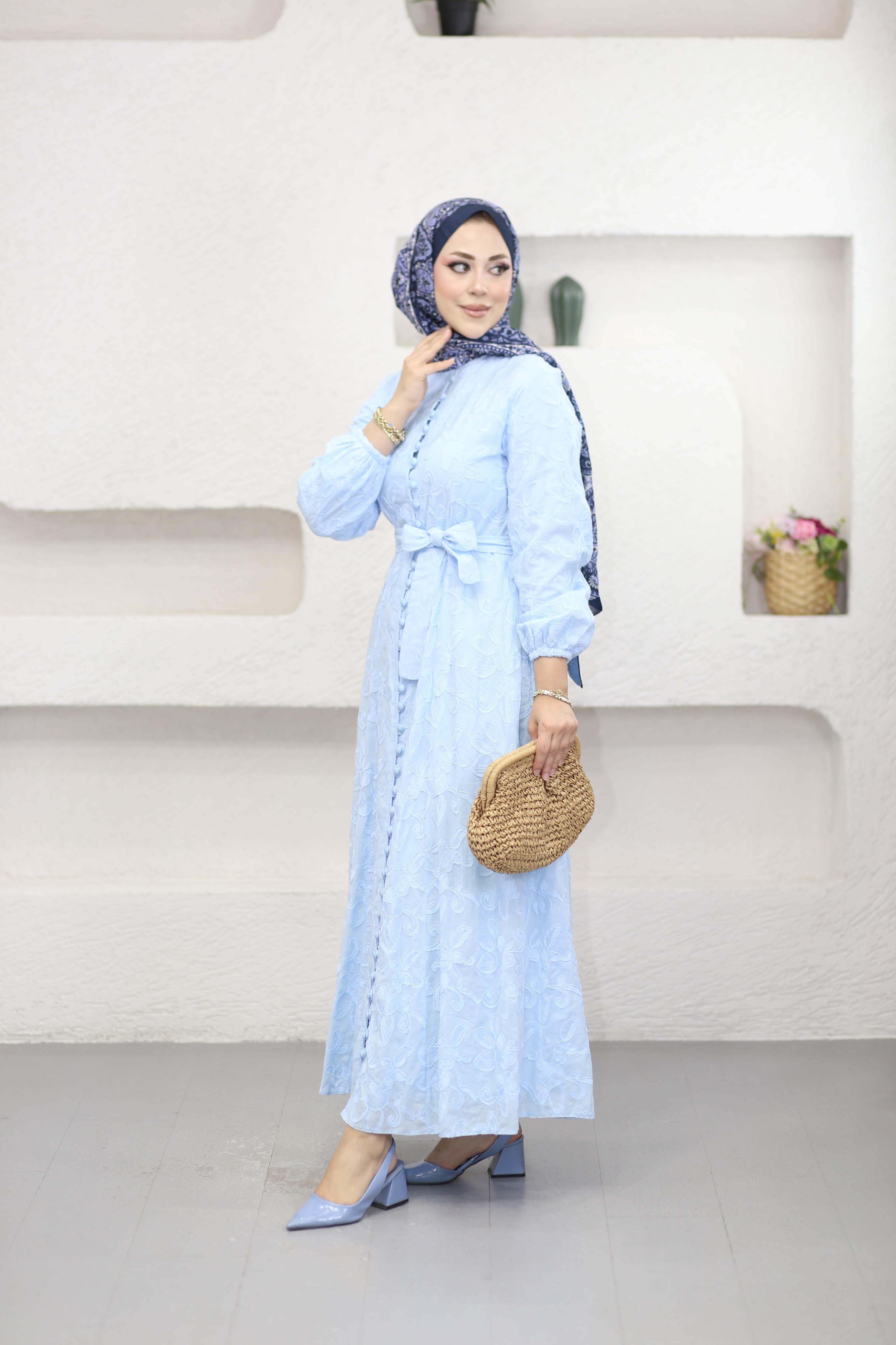 Desenli Asya Elbise Mavi 5345