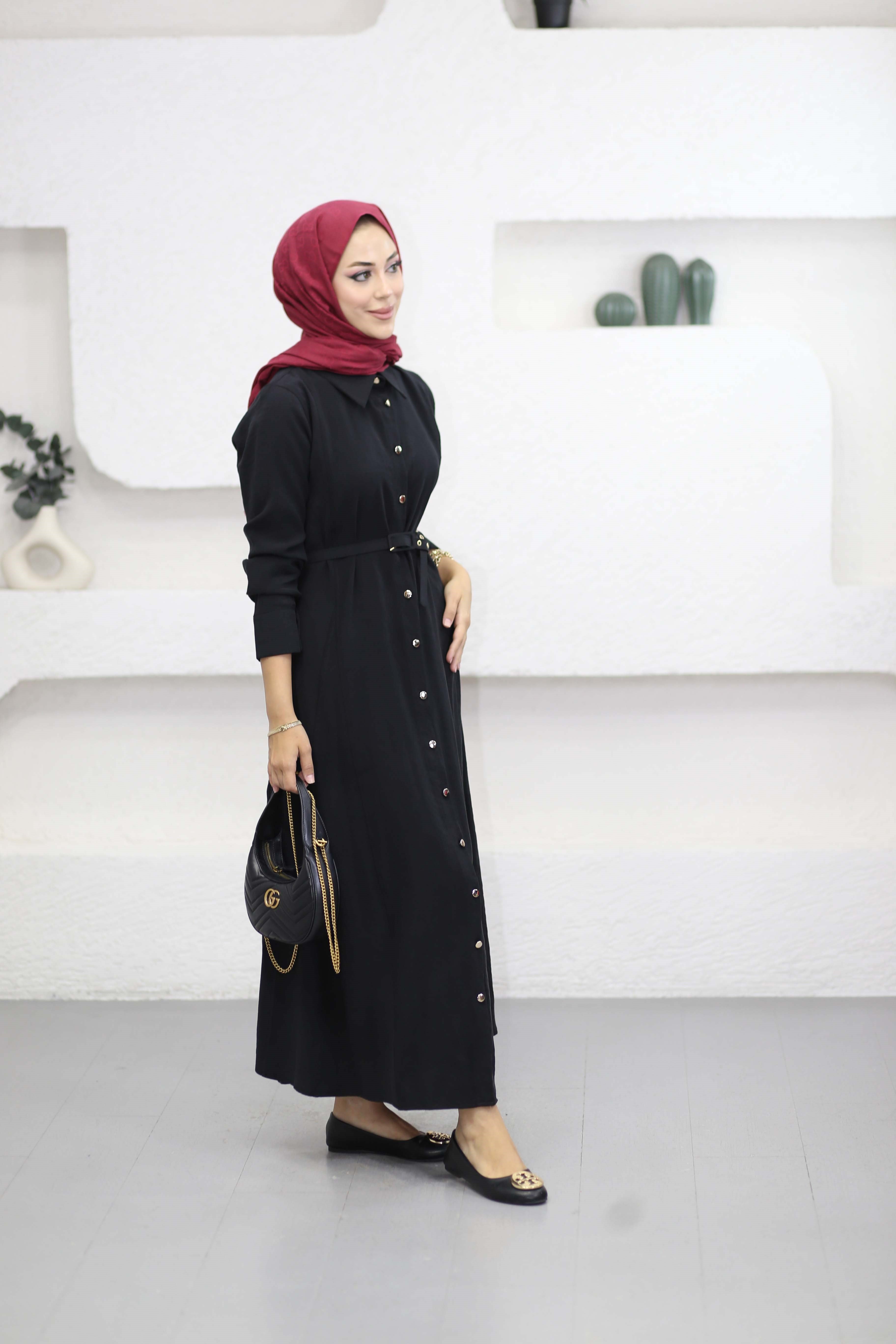 Düğmeli Tencel Gömlek Elbise Siyah 5499
