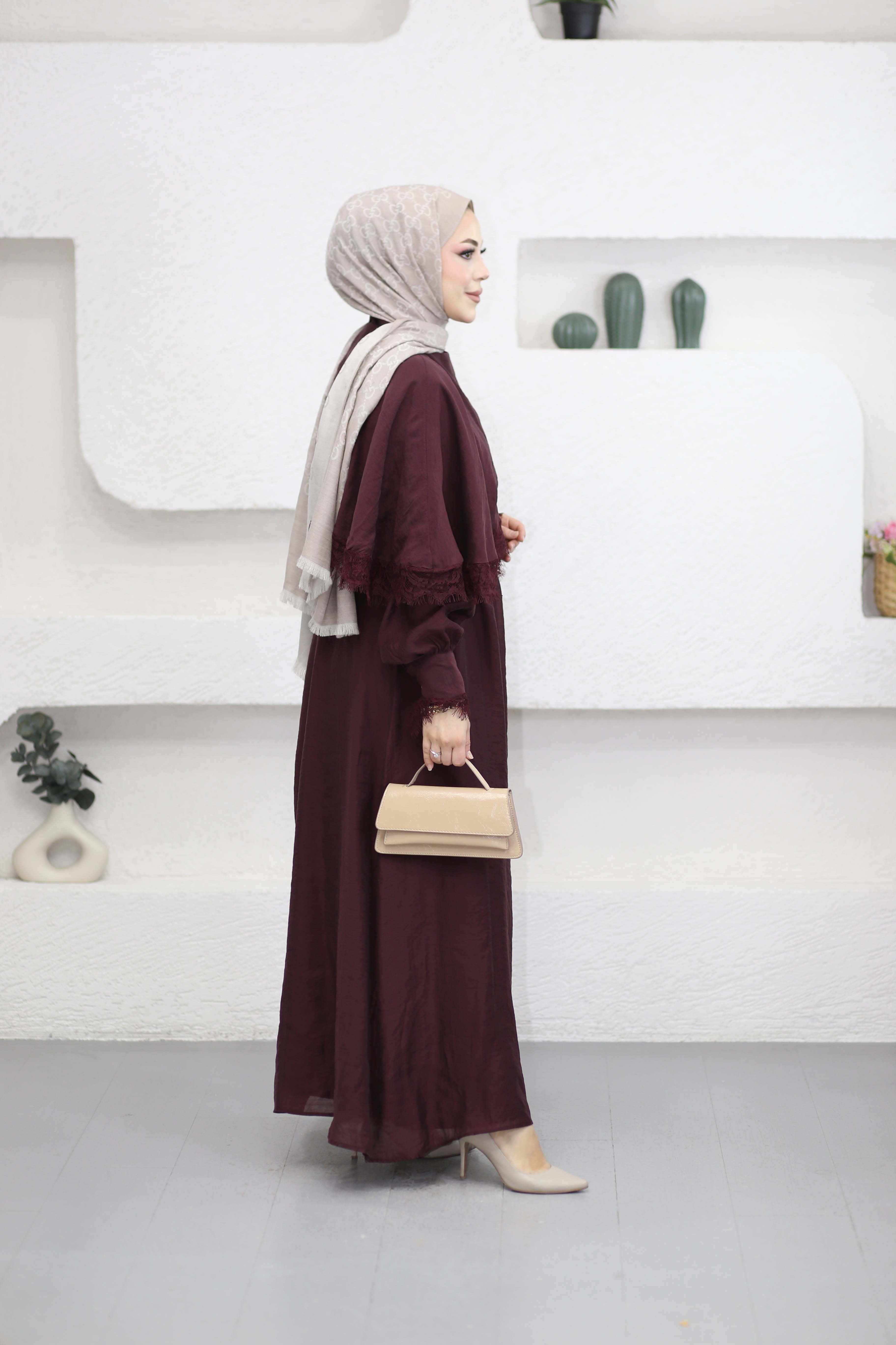 Dantel Detaylı Elbise Bordo 8386