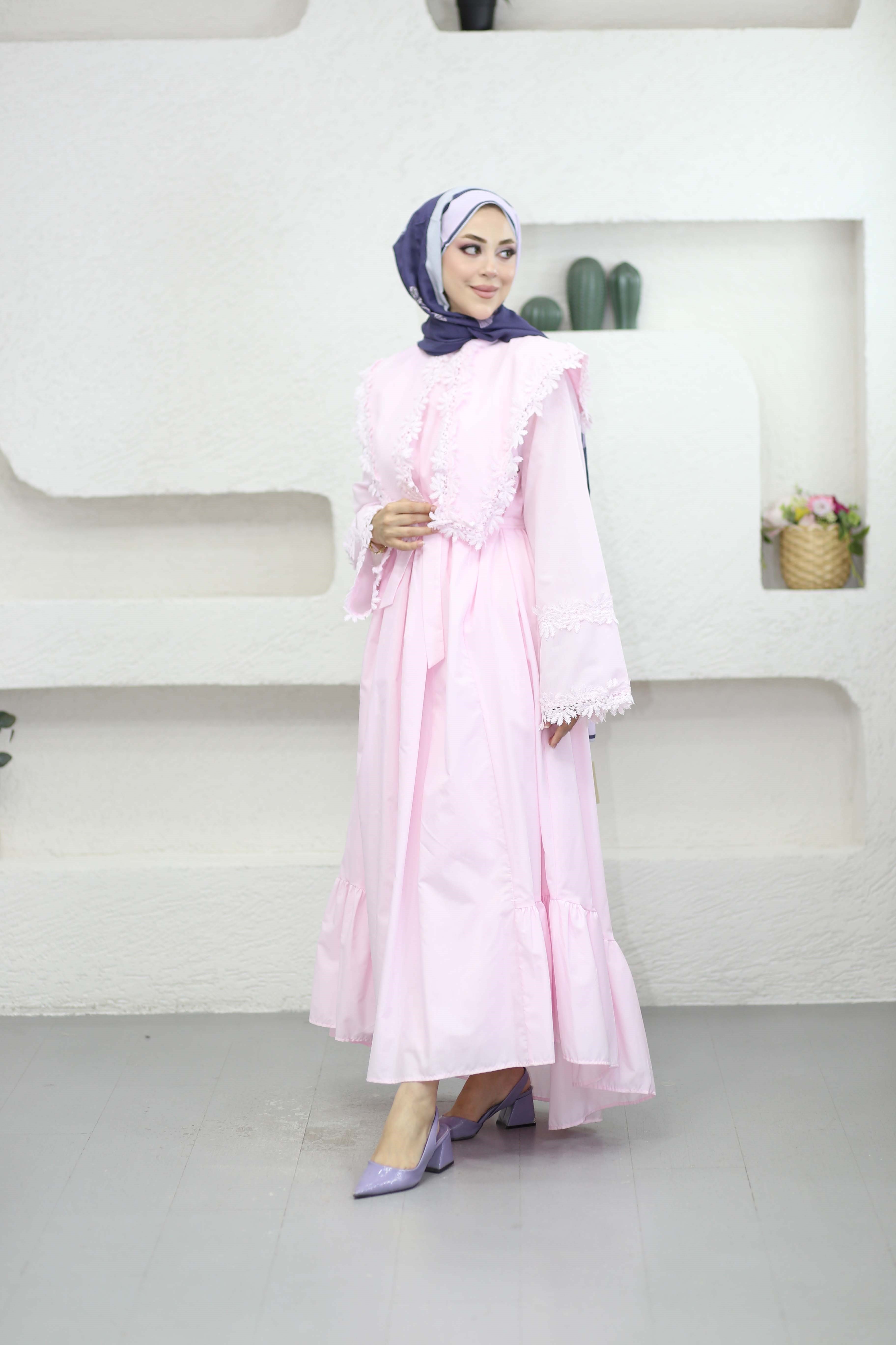 Güpürlü Dacron Elbise Pembe 8544