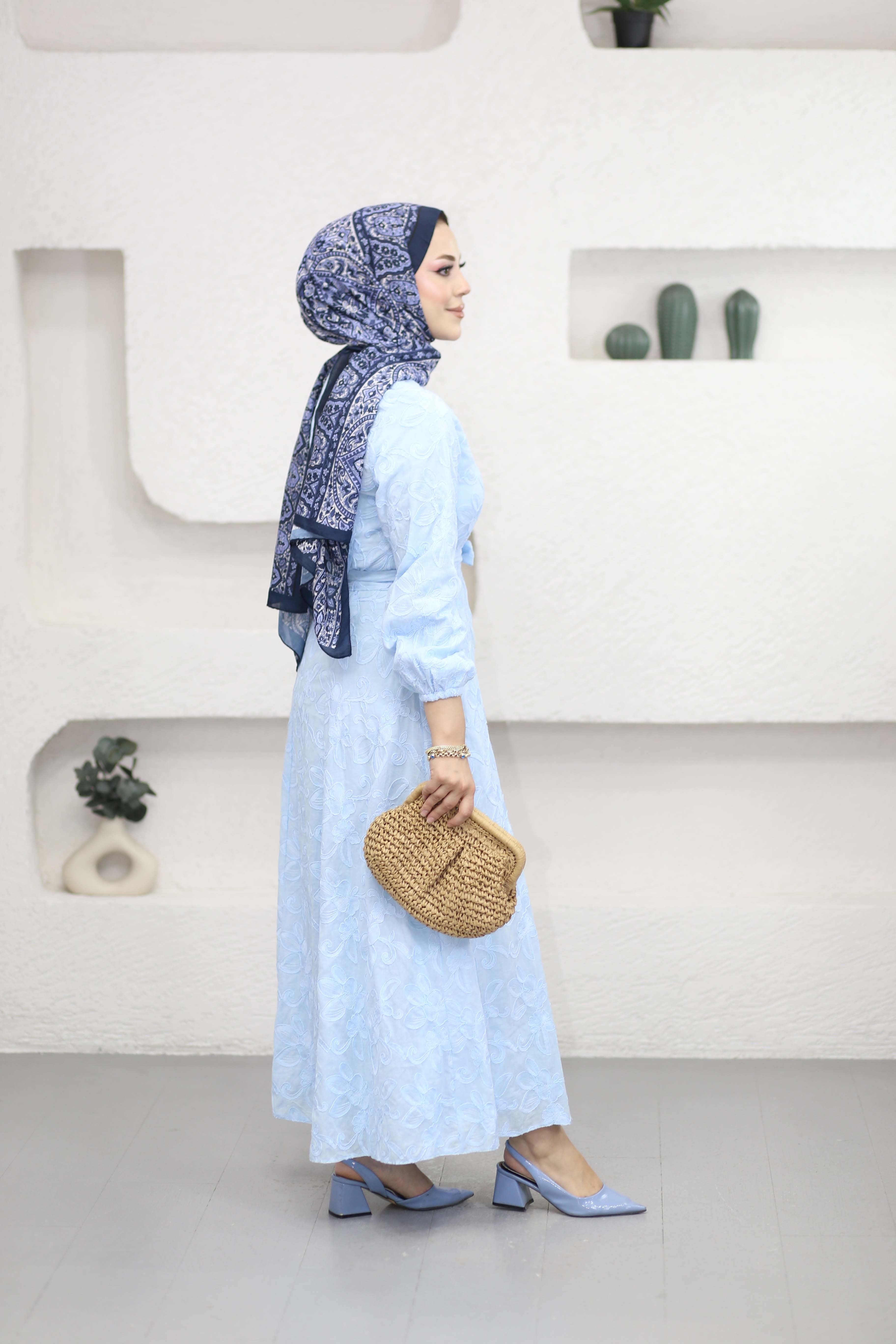 Desenli Asya Elbise Mavi 5345