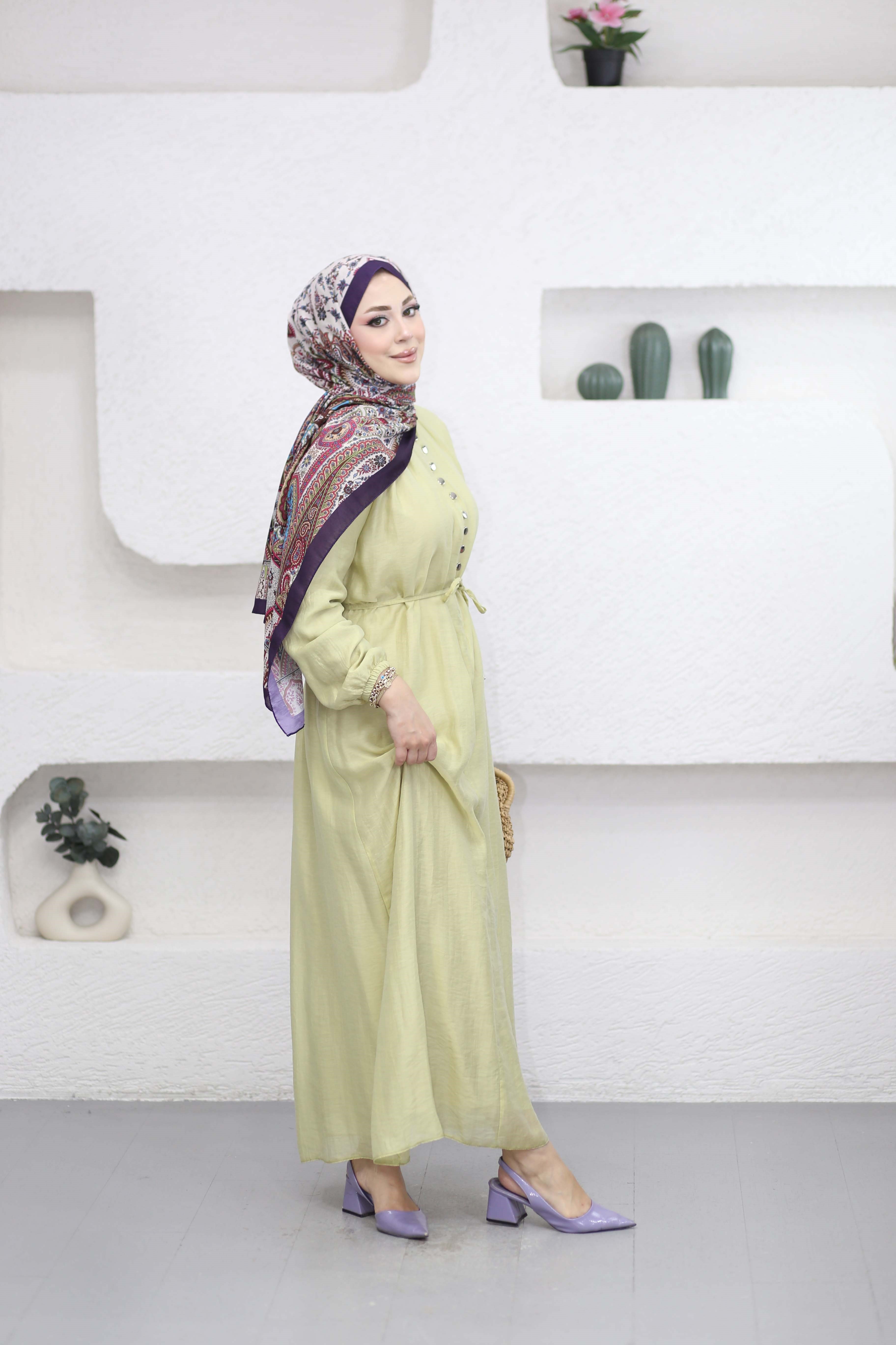 Yarı Düğmeli Elbise Yeşil 5353