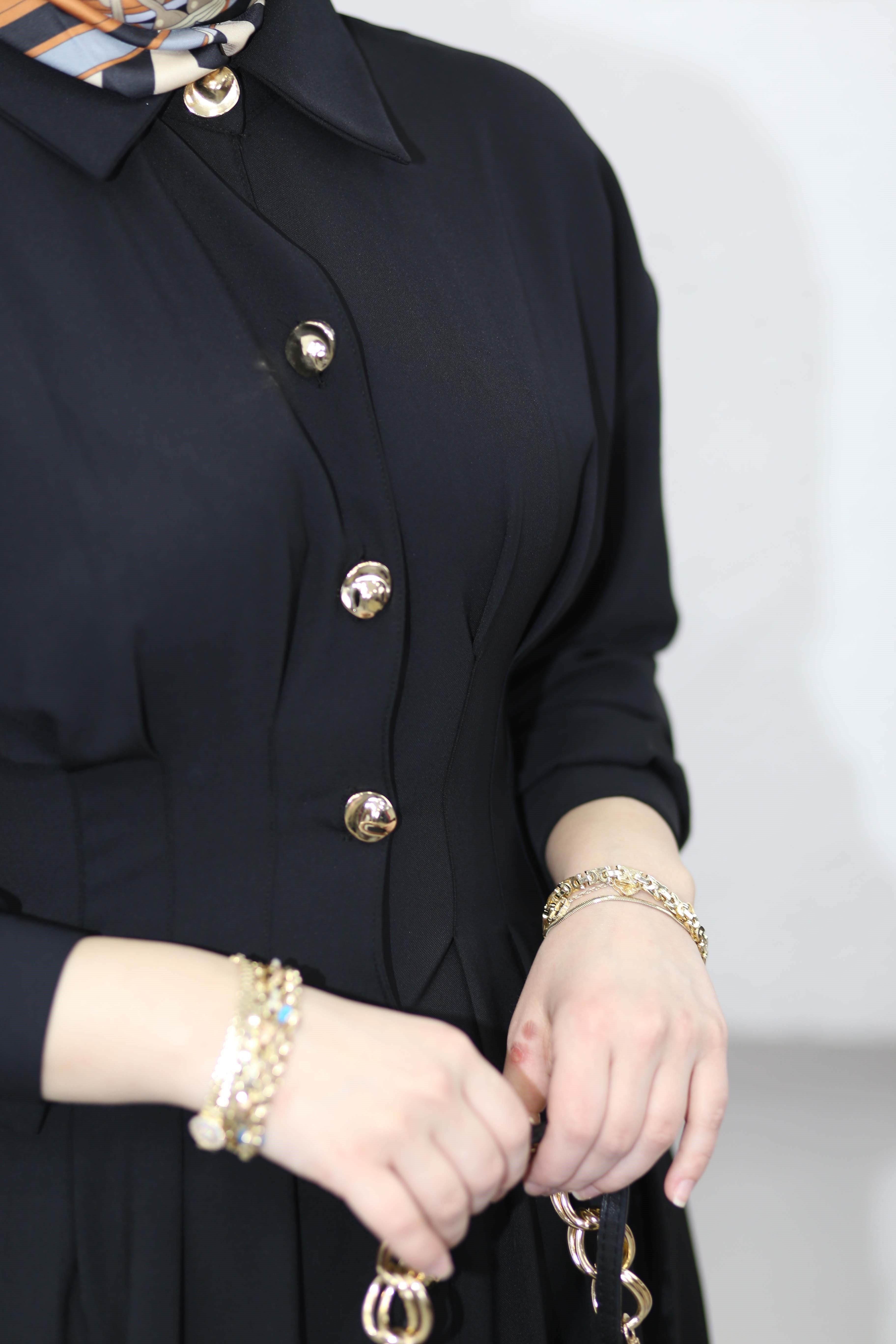 Bel Detaylı Ön Düğmeli Tencel Elbise Siyah 5509