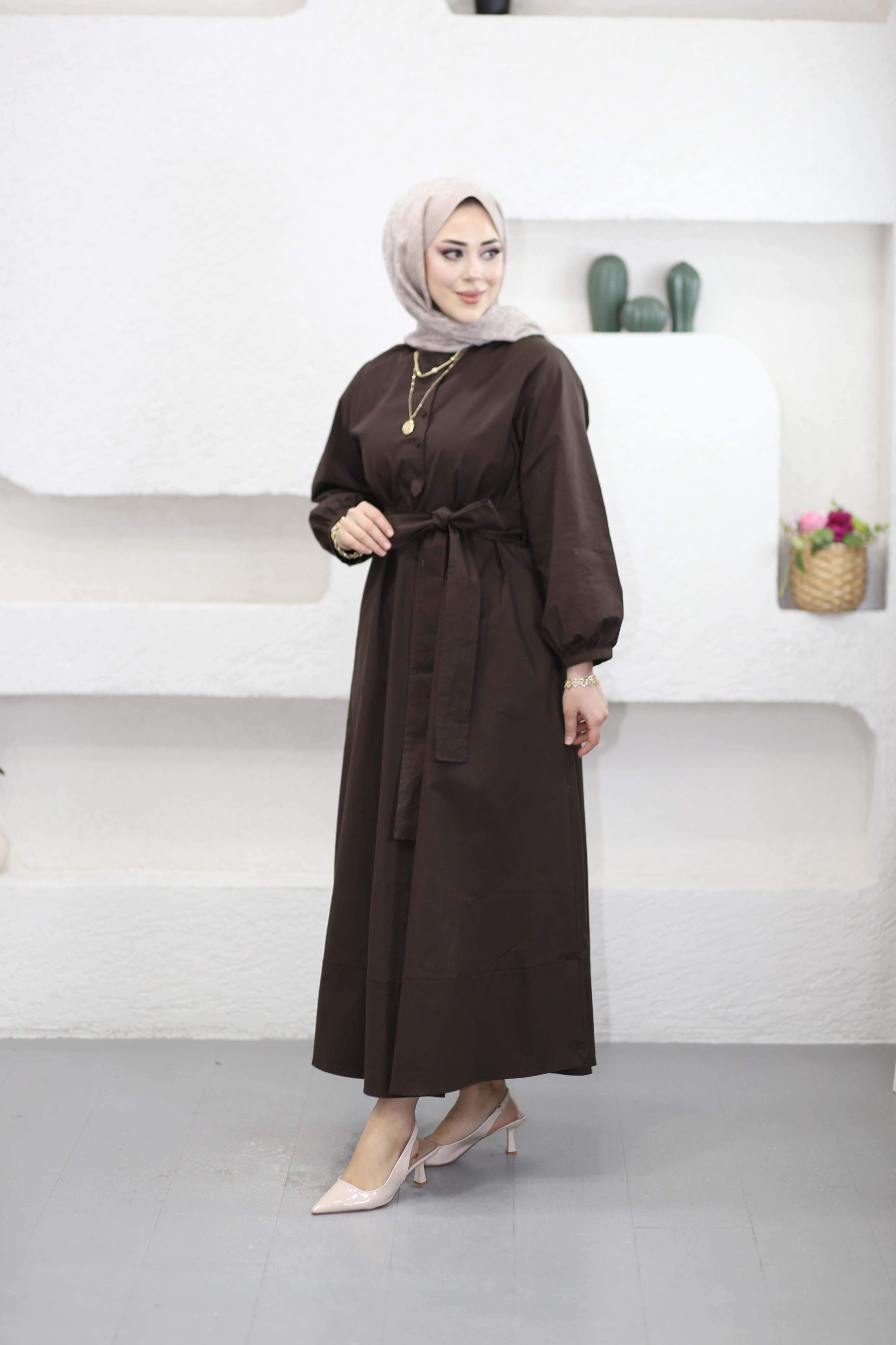 Kuşaklı Elbise Kahverengi 2349