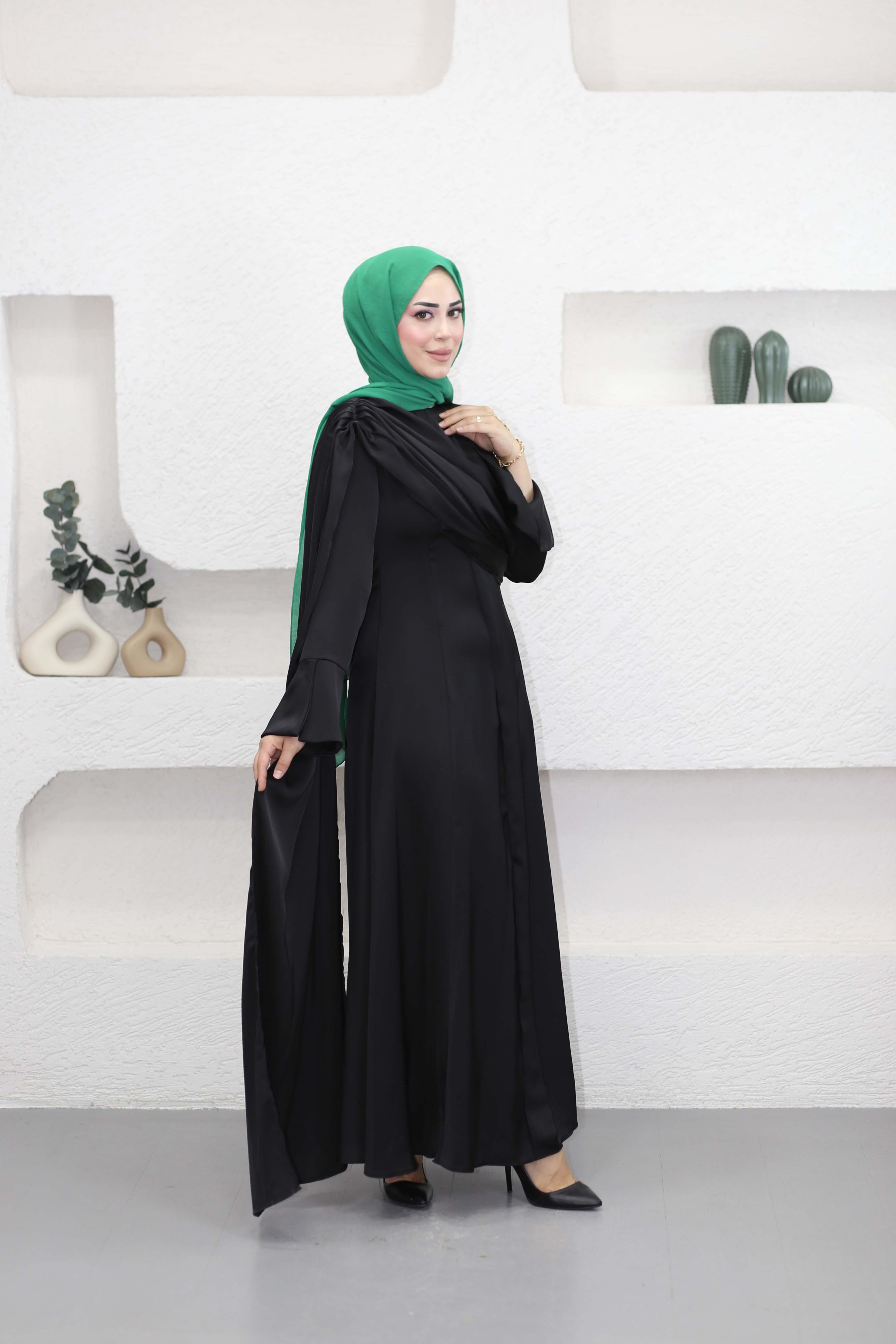Saten Drape Elbise Siyah 9965