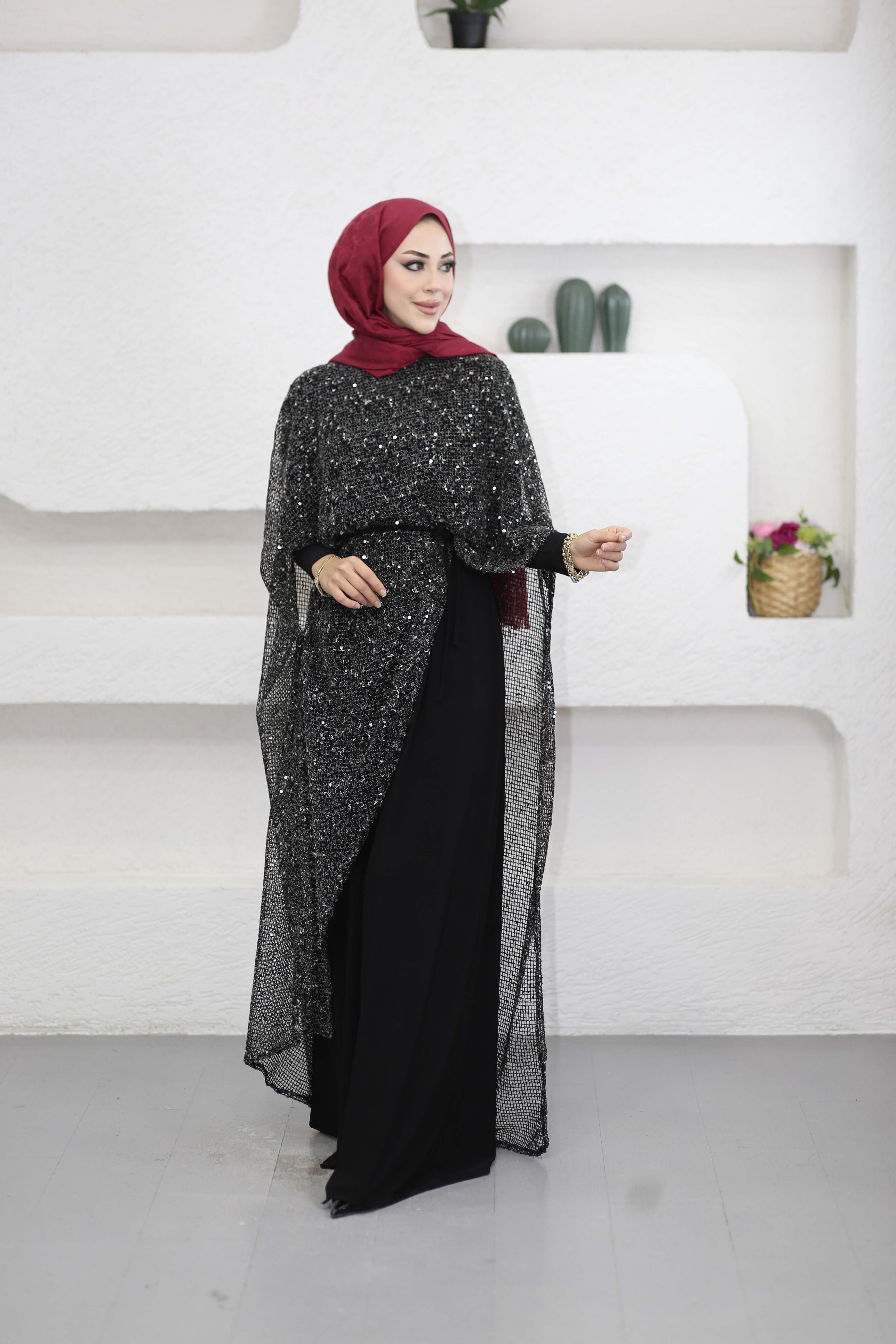 Payet Pelerinli Elbise Siyah 6647