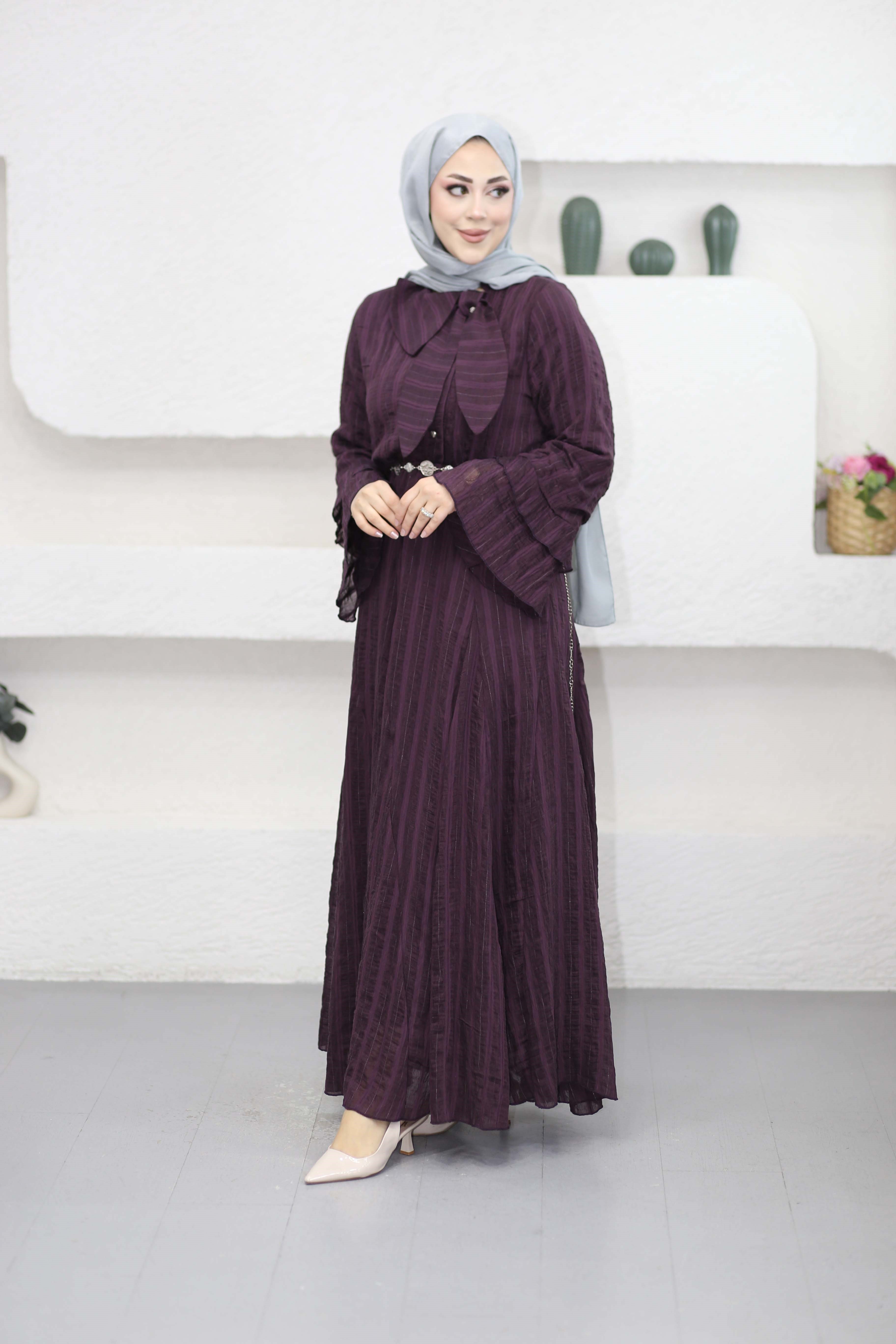 Fiyonk Detay Çizgili Elbise Mürdüm 8408