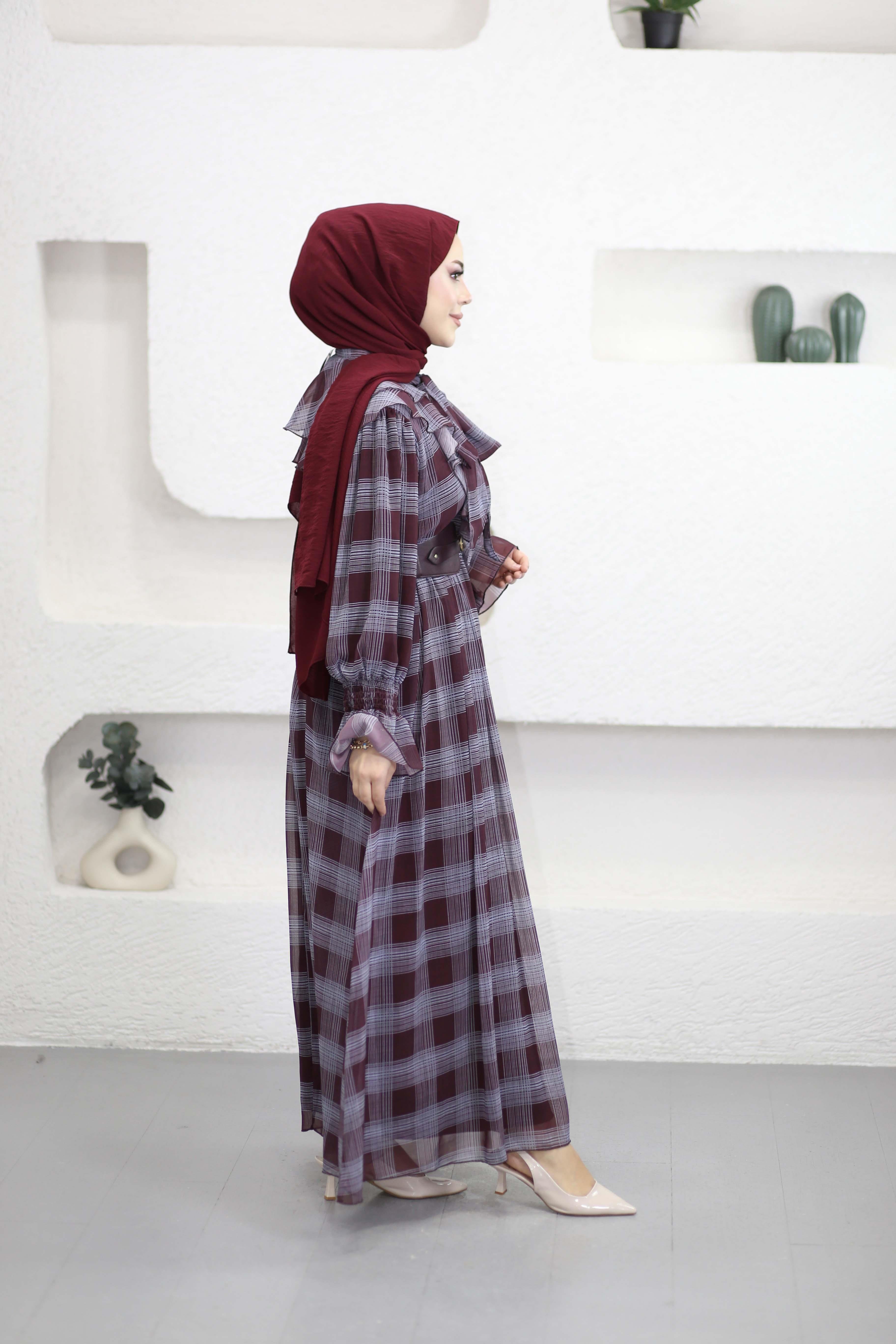 Yaka Volanlı Ekose Şifon Elbsie Bordo 8256