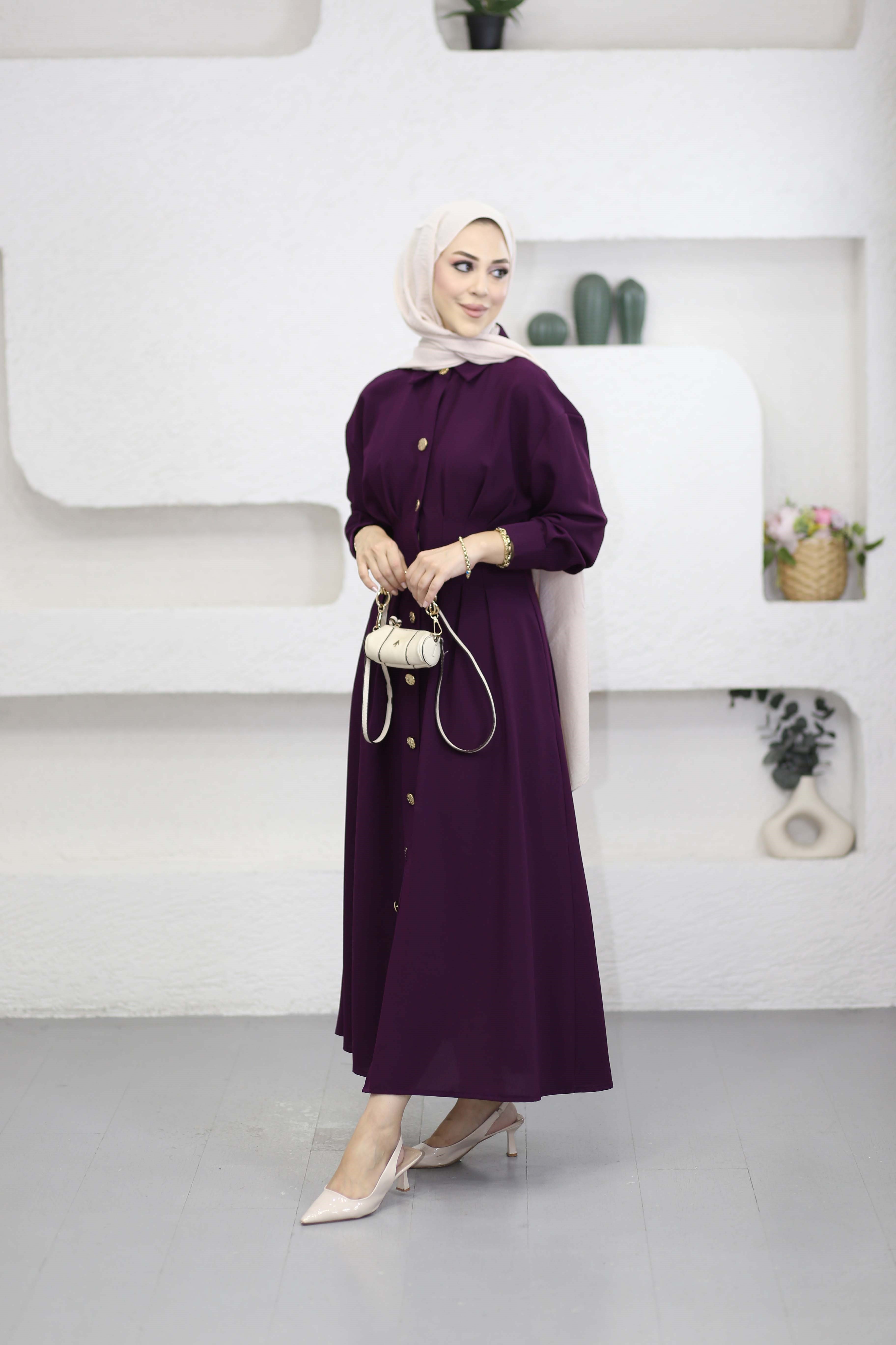 Bel Detaylı Ön Düğmeli Tencel Elbise Mor 5509