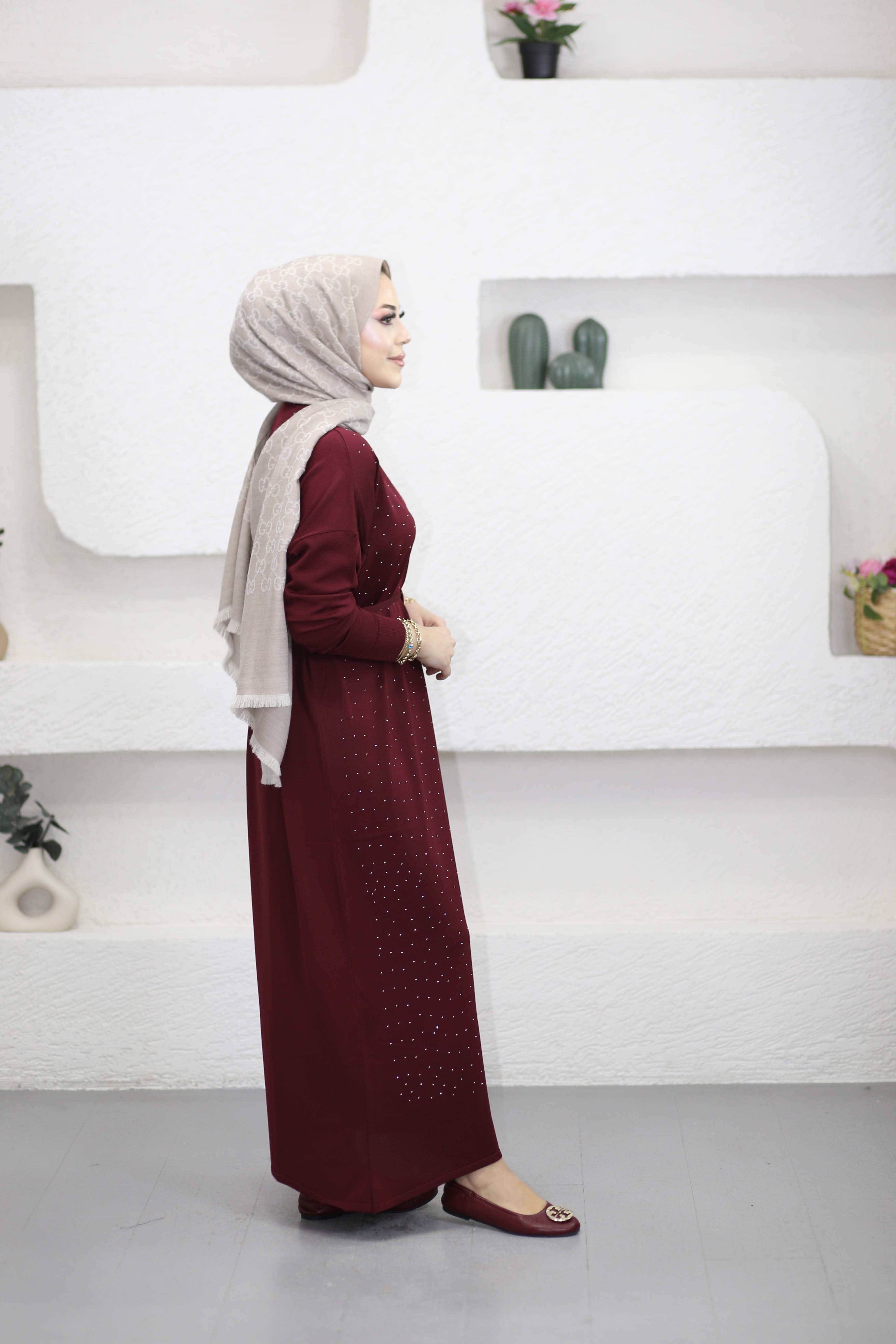 Taşlı Merserize Elbise Bordo 25270