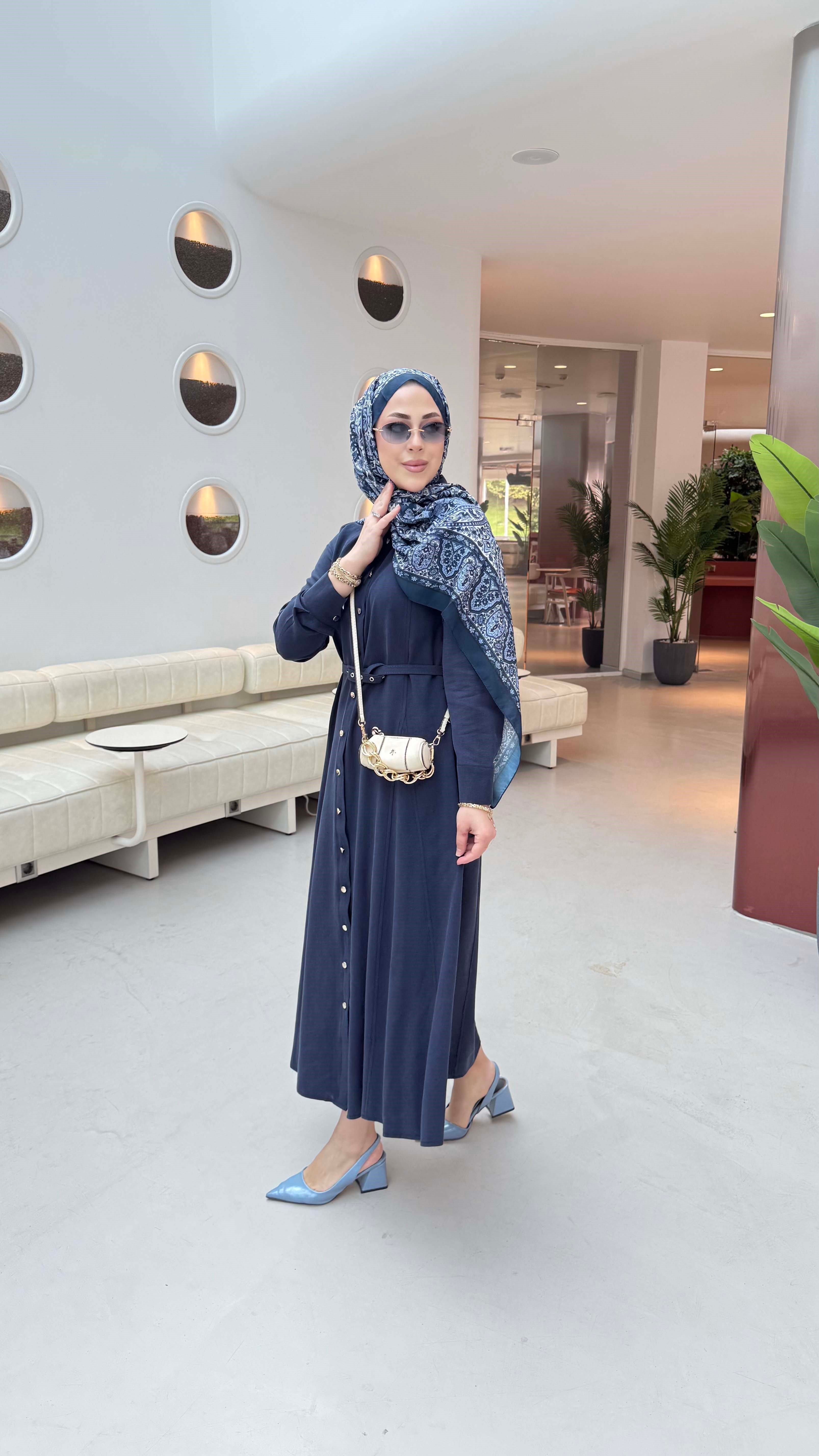 Düğmeli Tencel Gömlek Elbise Lacivert 5499