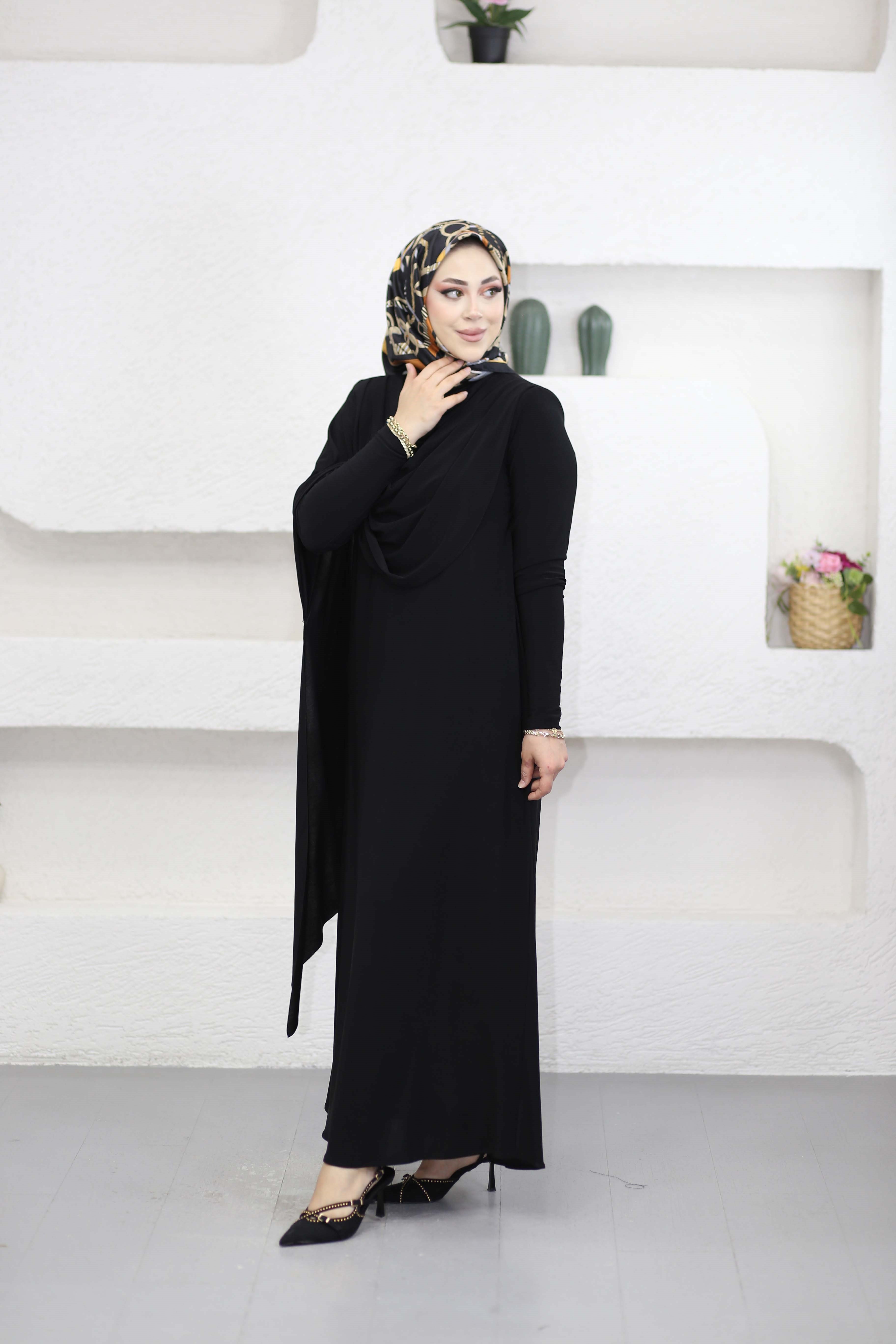 Omuz Şallı Sandy Elbise Siyah 5591
