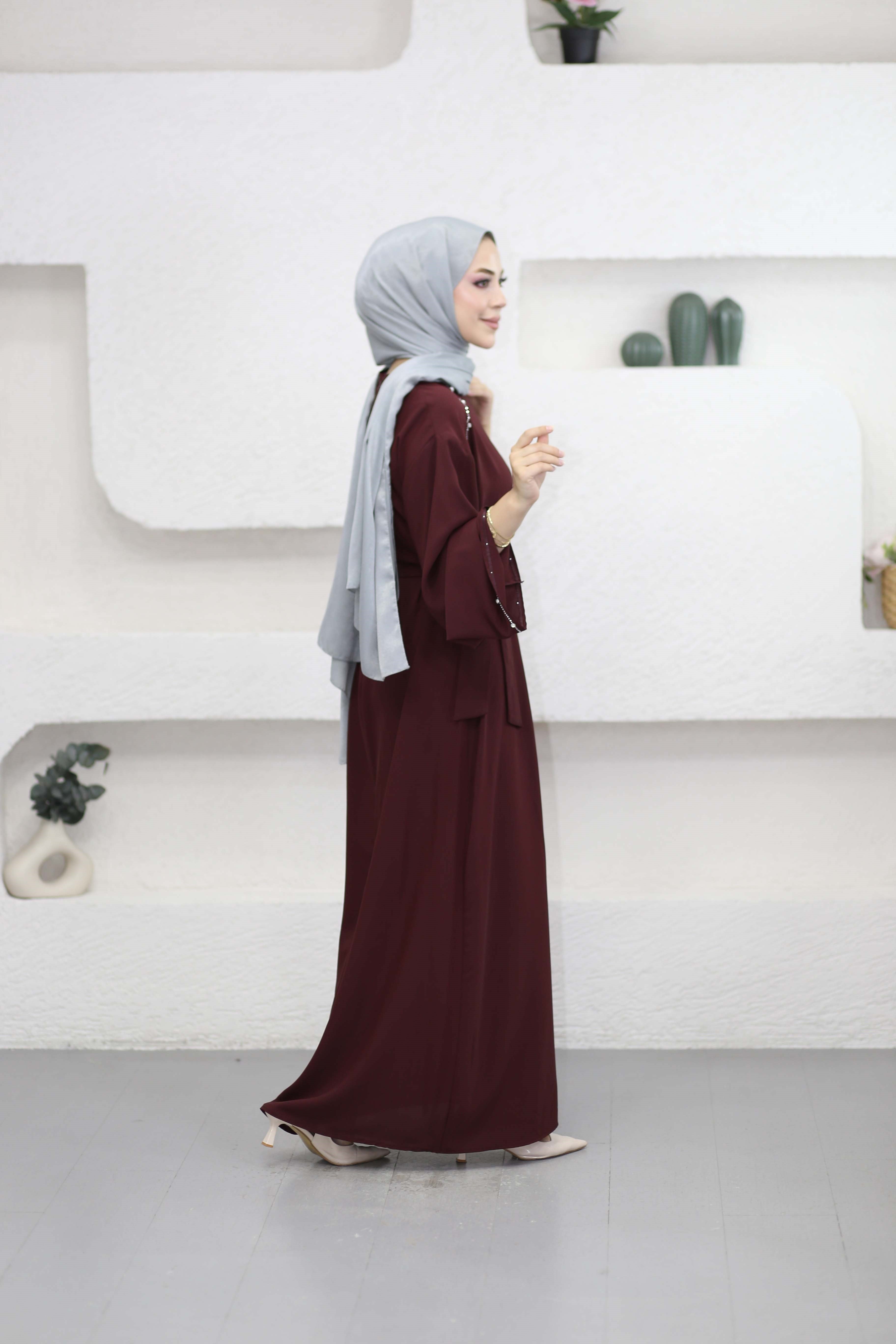 Taş ve Kruvaze Detaylı Elbise Bordo 26122