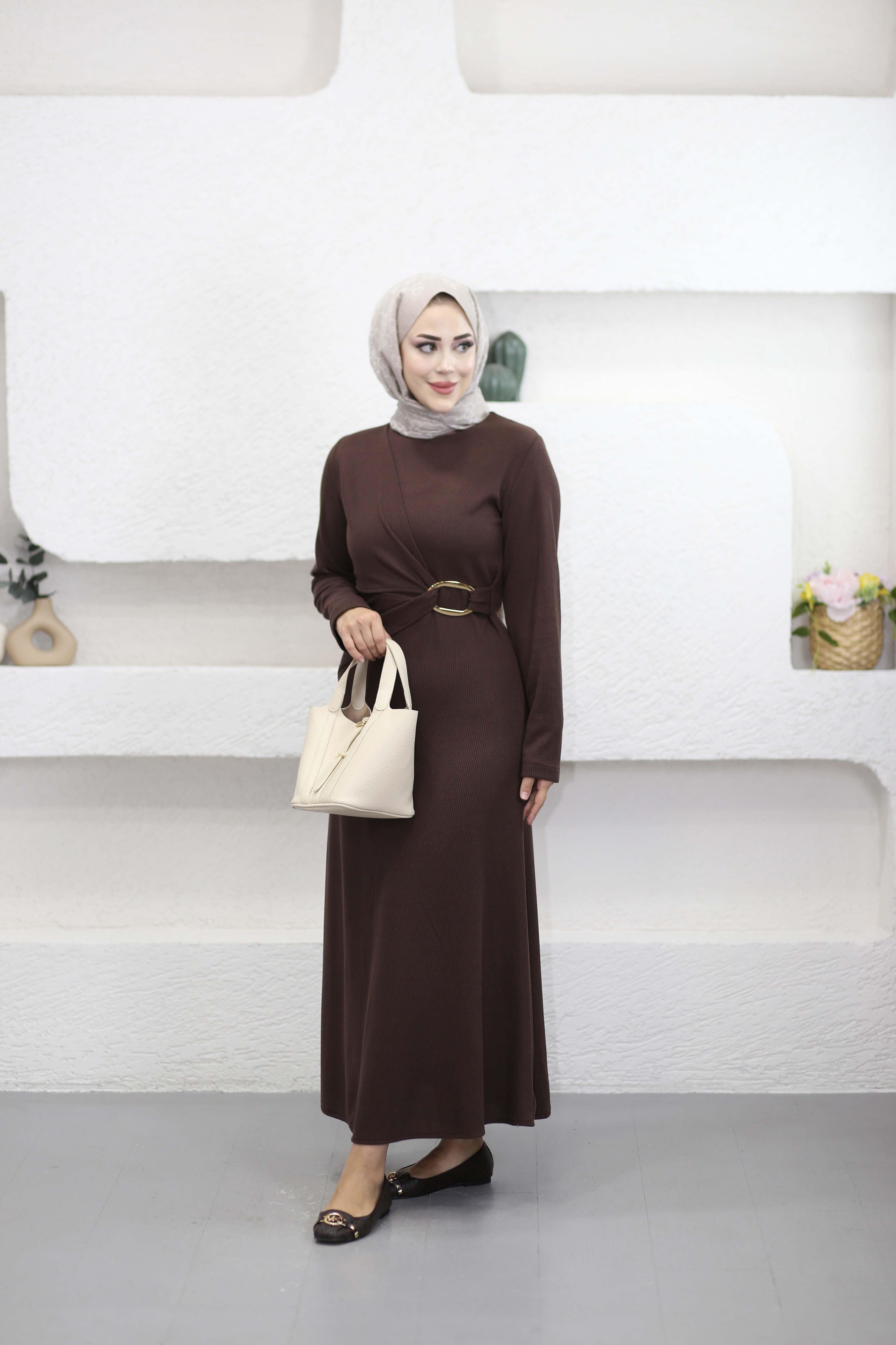 Fitilli Triko Tokalı Elbise Kahverengi 51249