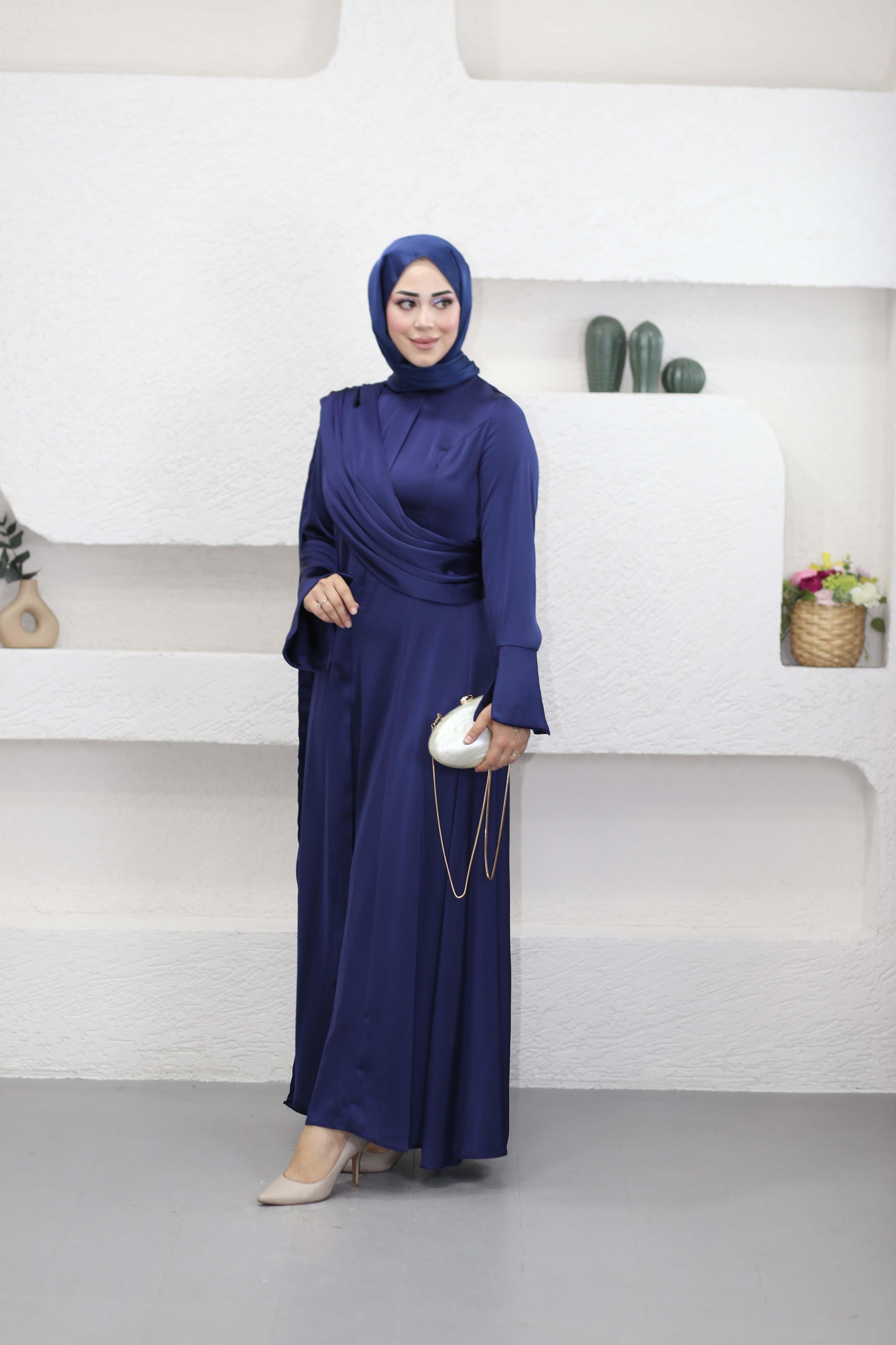 Saten Drape Elbise Lacivert 9965