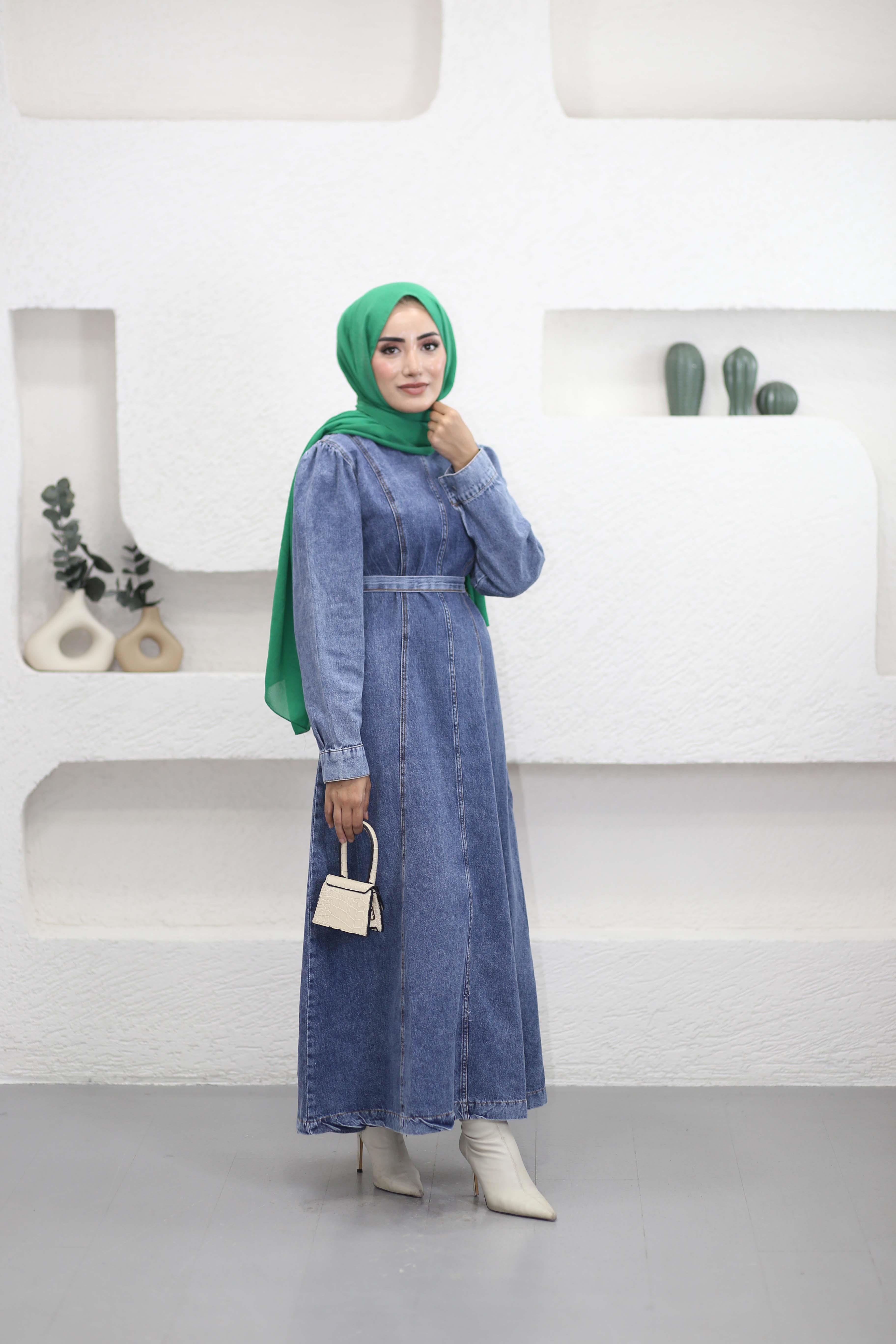 Dikiş Detaylı Denim Elbise Açık Mavi 91010