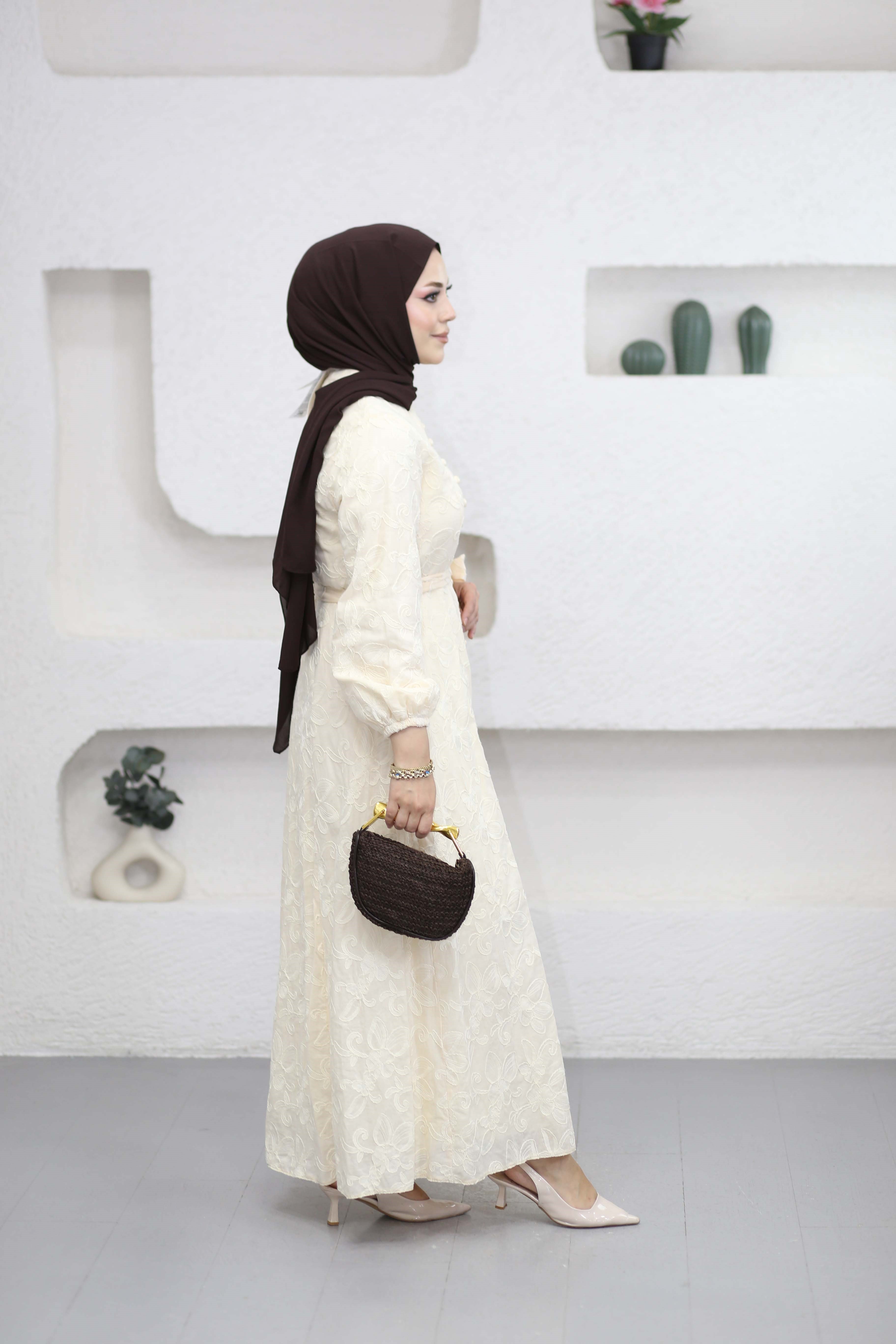 Desenli Asya Elbise Krem 5345