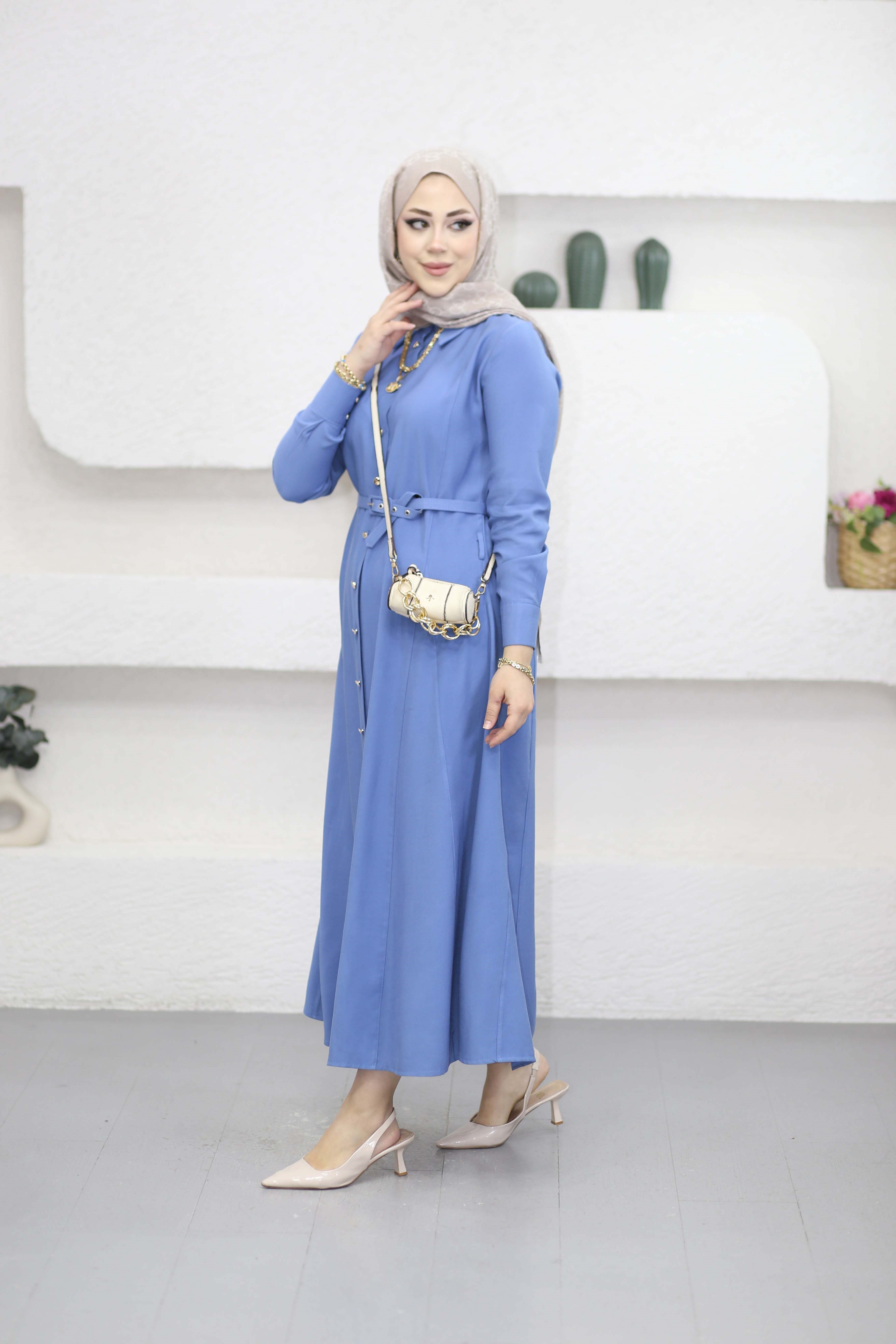 Düğmeli Tencel Gömlek Elbise Mavi 5499