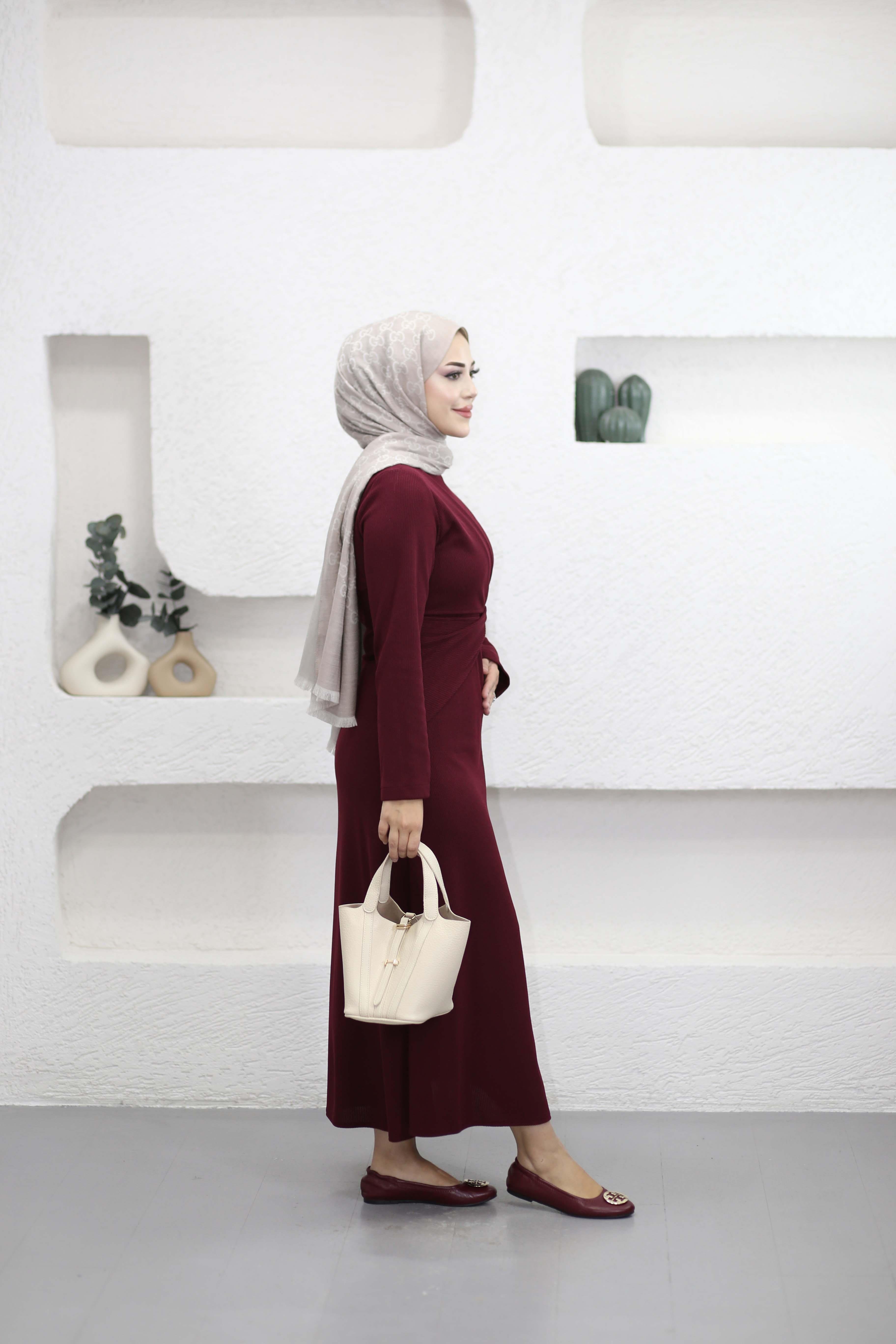 Fitilli Triko Tokalı Elbise Bordo 51249
