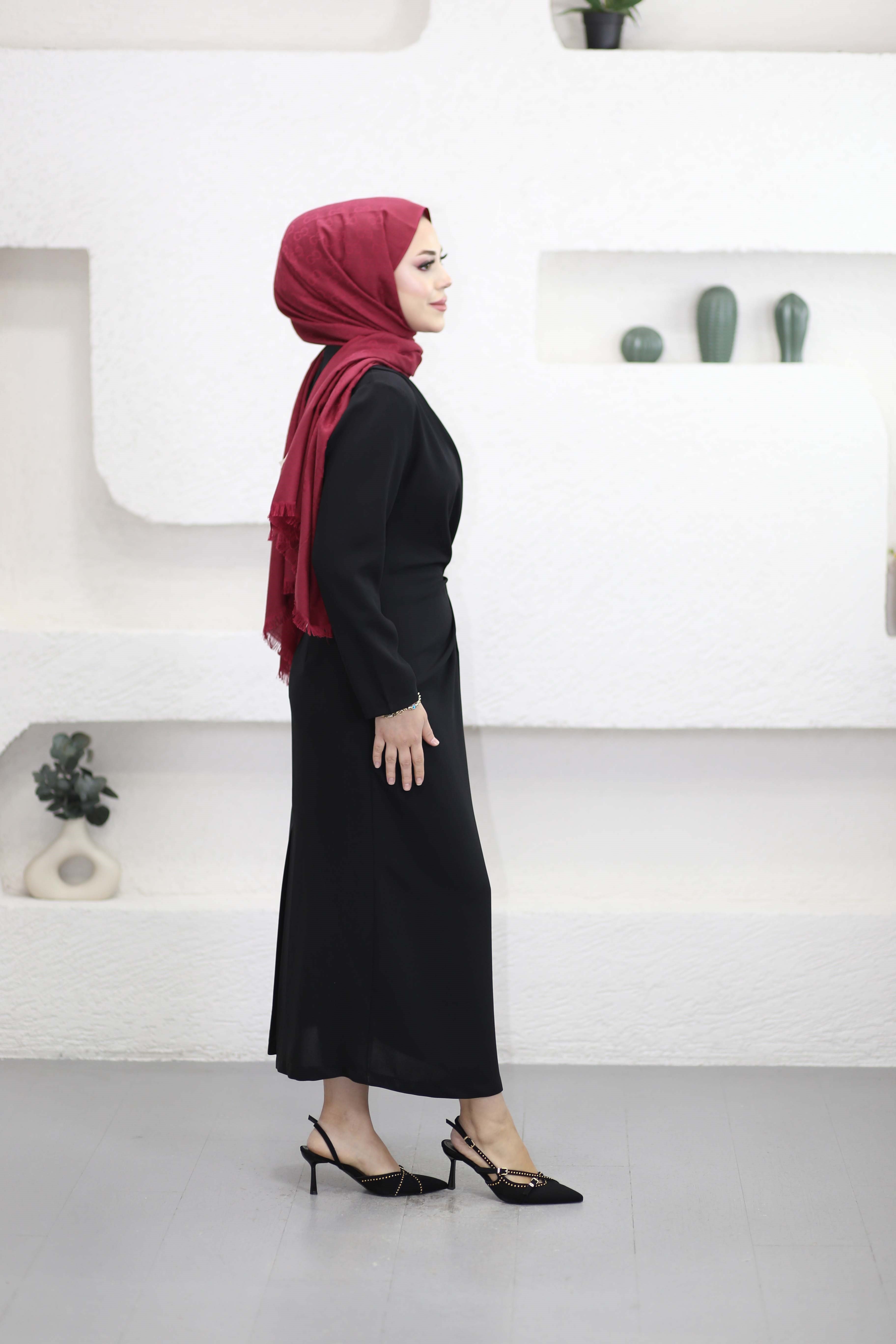 Omuz Ve Bel Pileli Elbise Siyah 5478
