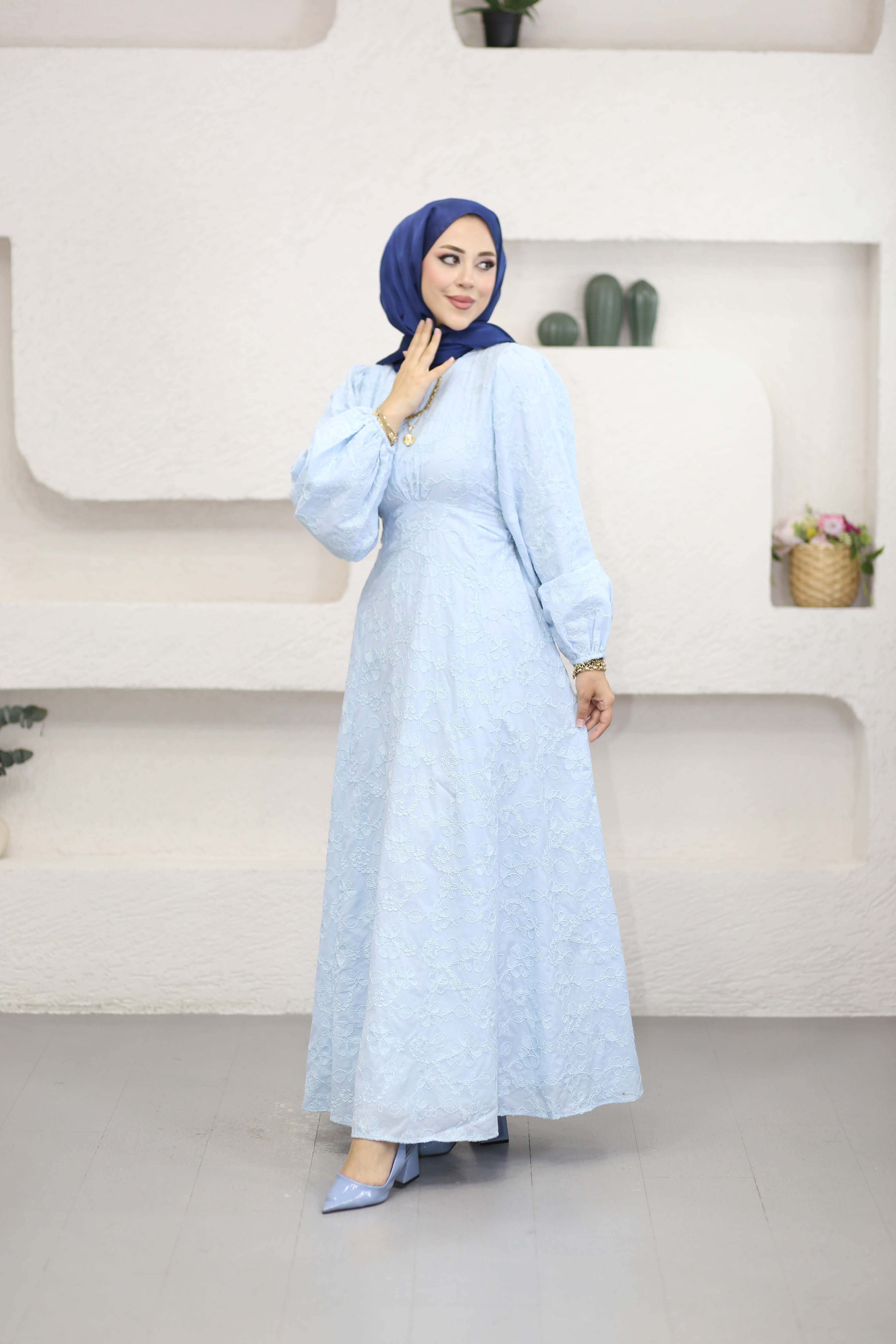 Brode Nakış Desenli Elbise Bebe Mavi 26279
