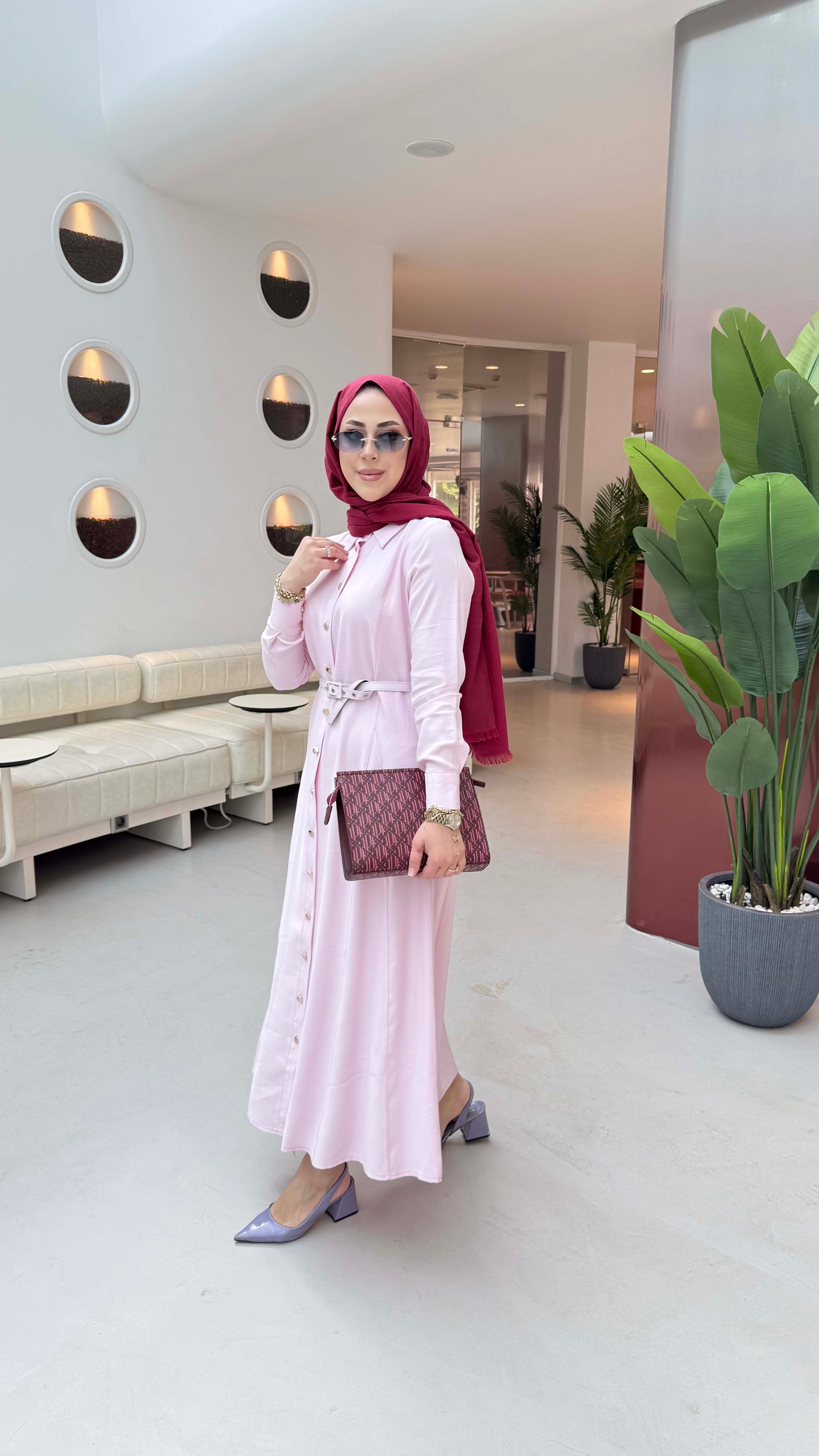 Düğmeli Tencel Gömlek Elbise Şeker Pembe 5499