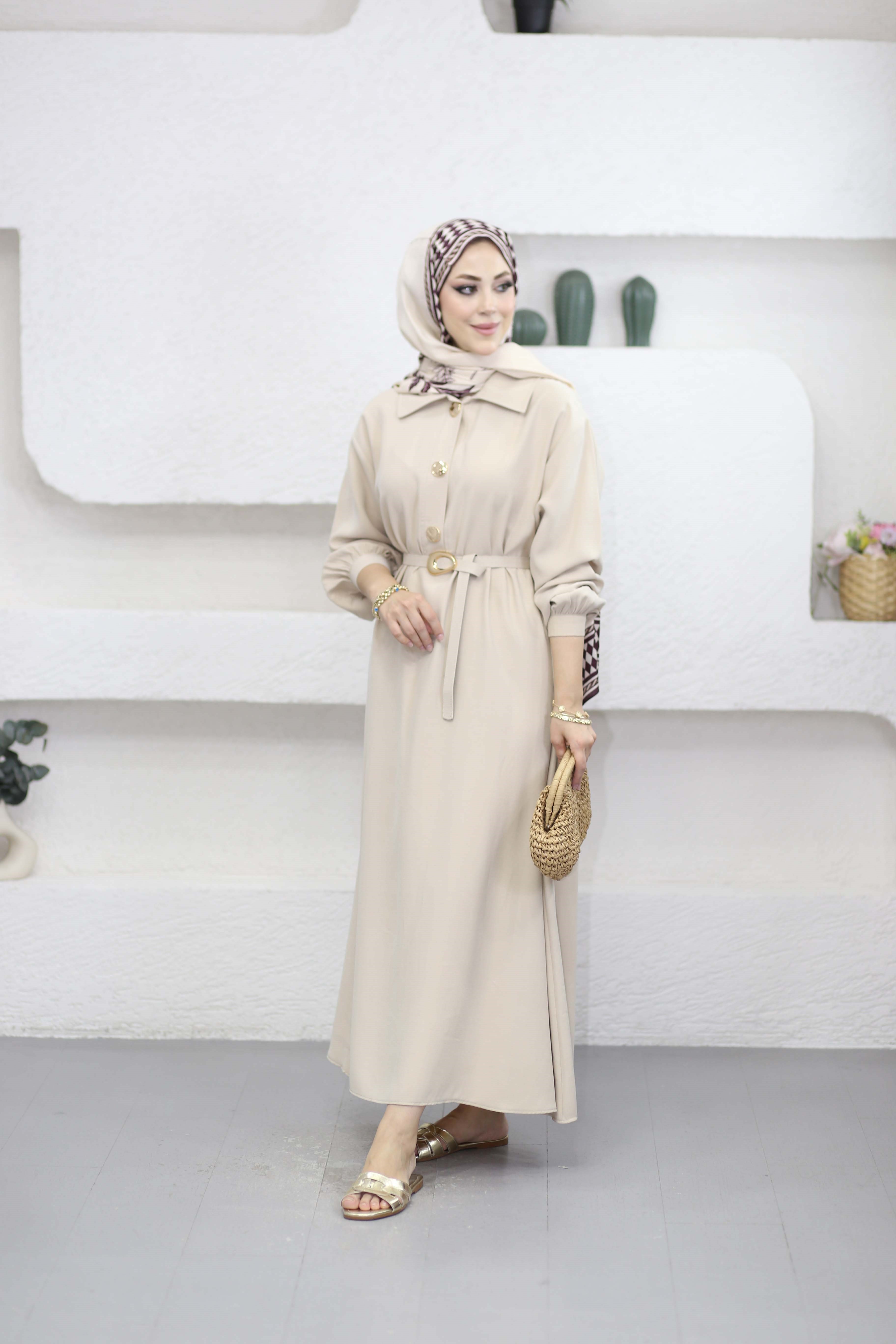 Yakalı Kemerli Elbise Bej 5525