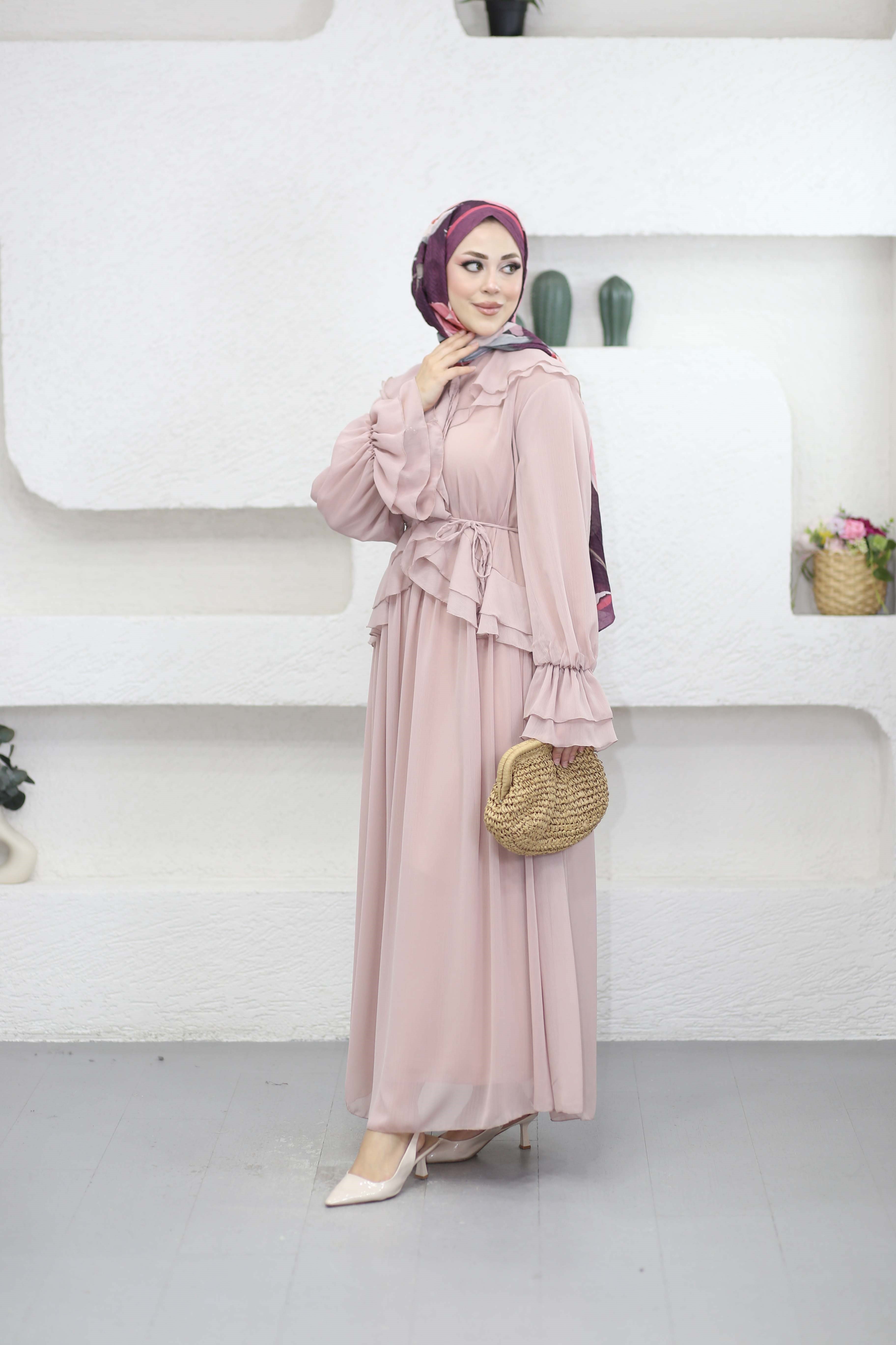 Volanlı Şifon Elbise Pudra 8519