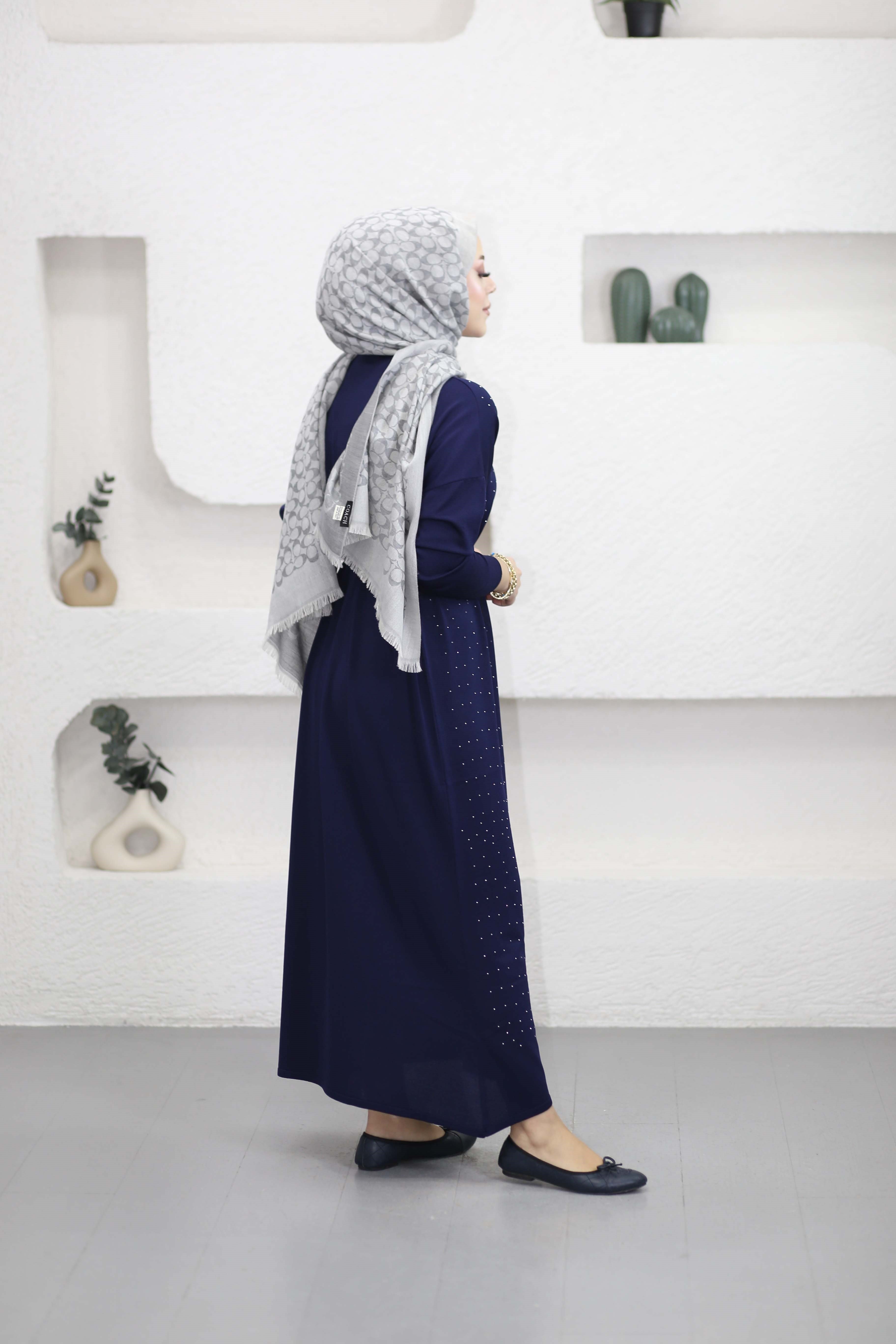 Taşlı Merserize Elbise Lacivert 25270