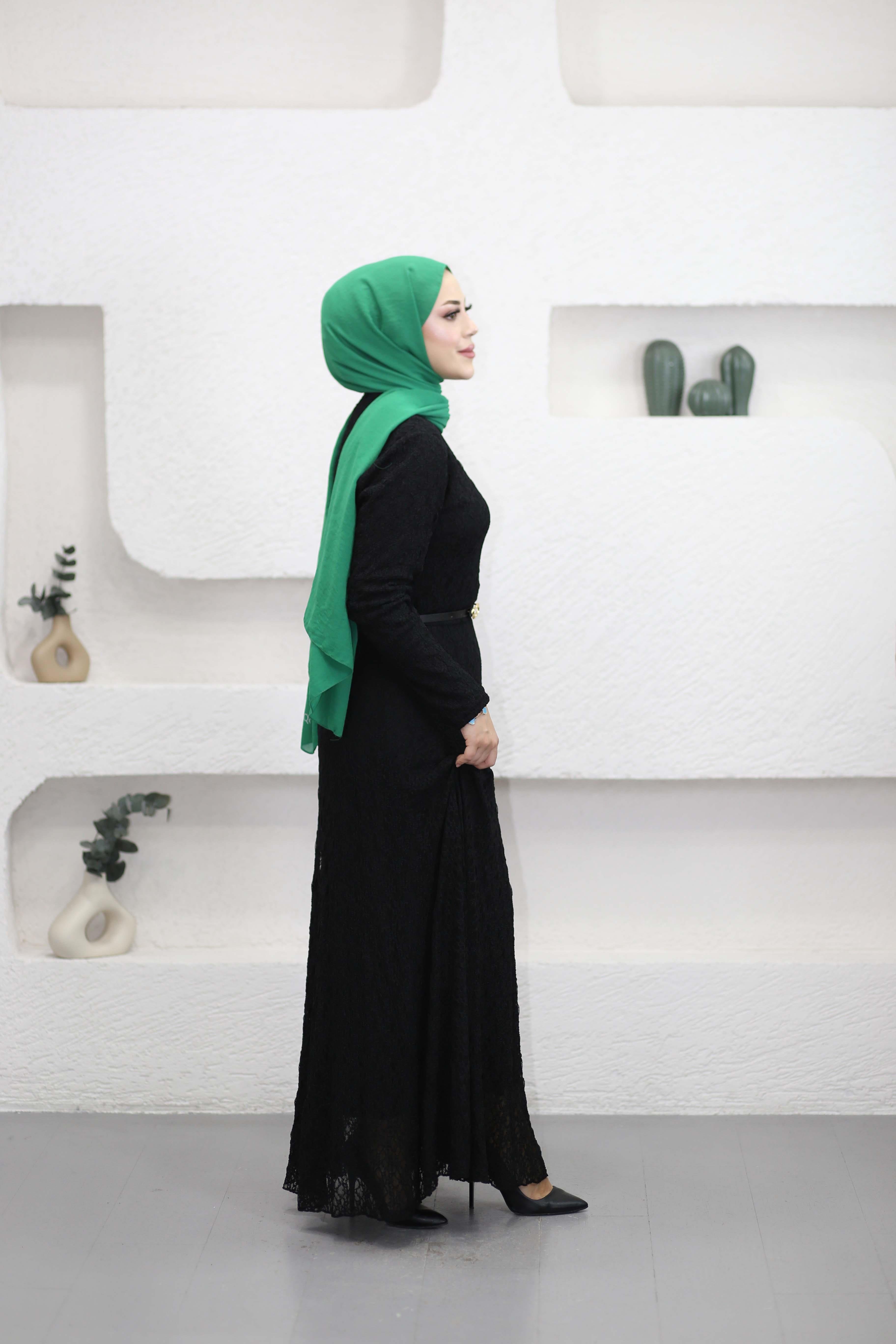 Kemerli Dantel Elbise Siyah 51246