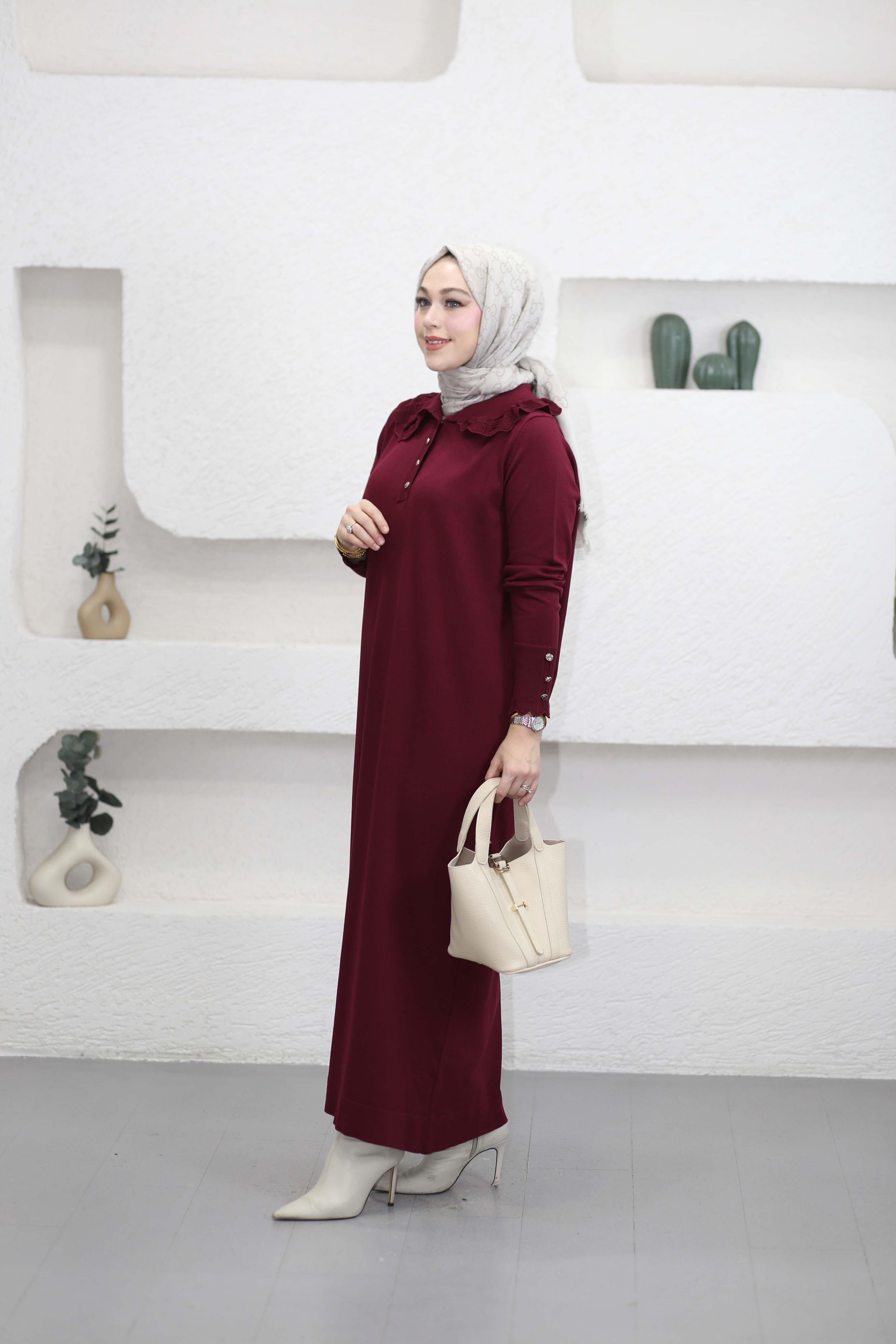 Yakası Dantelli Elbise Bordo 261