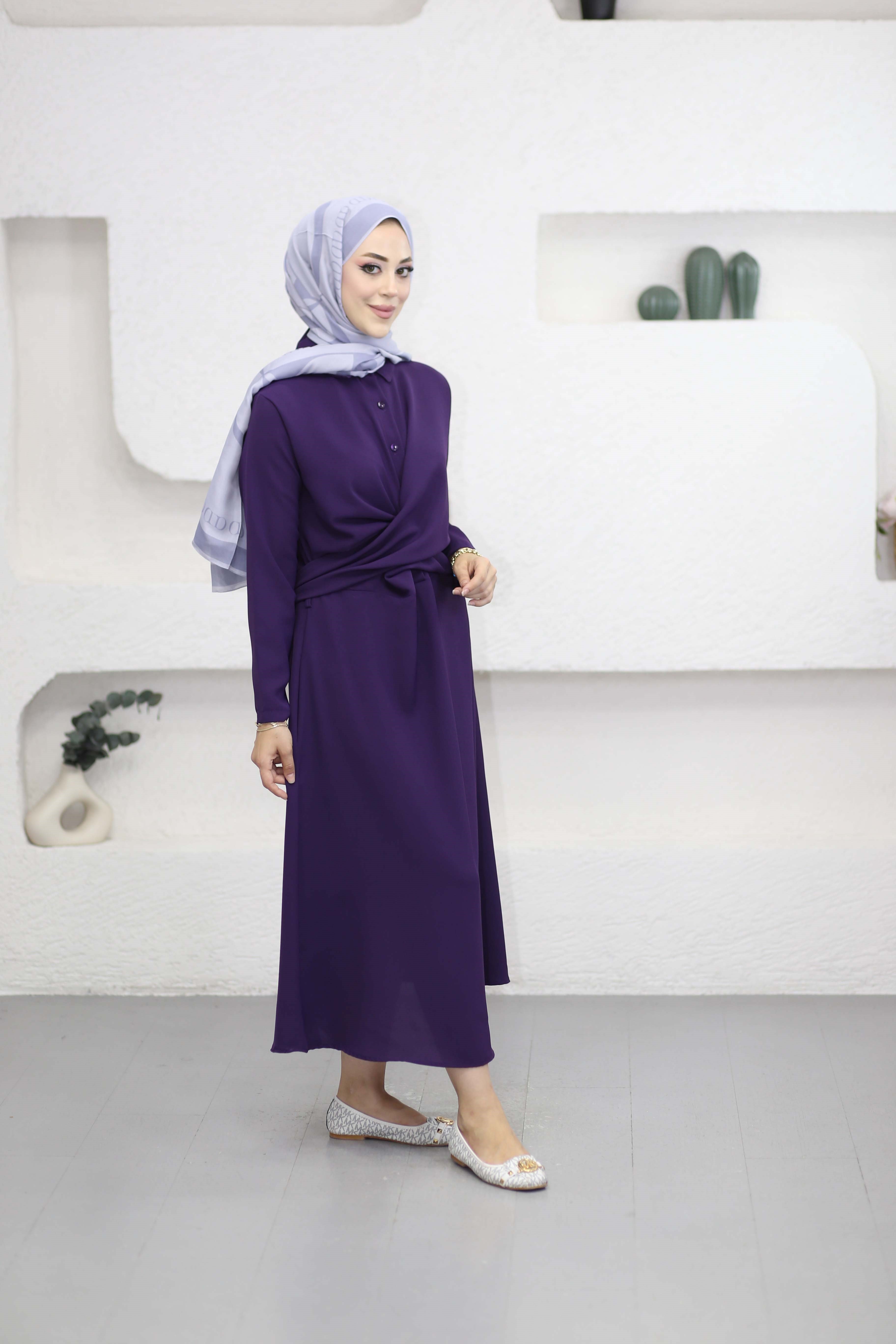 Çapraz Kuşaklı Çan Elbise Mor 5542