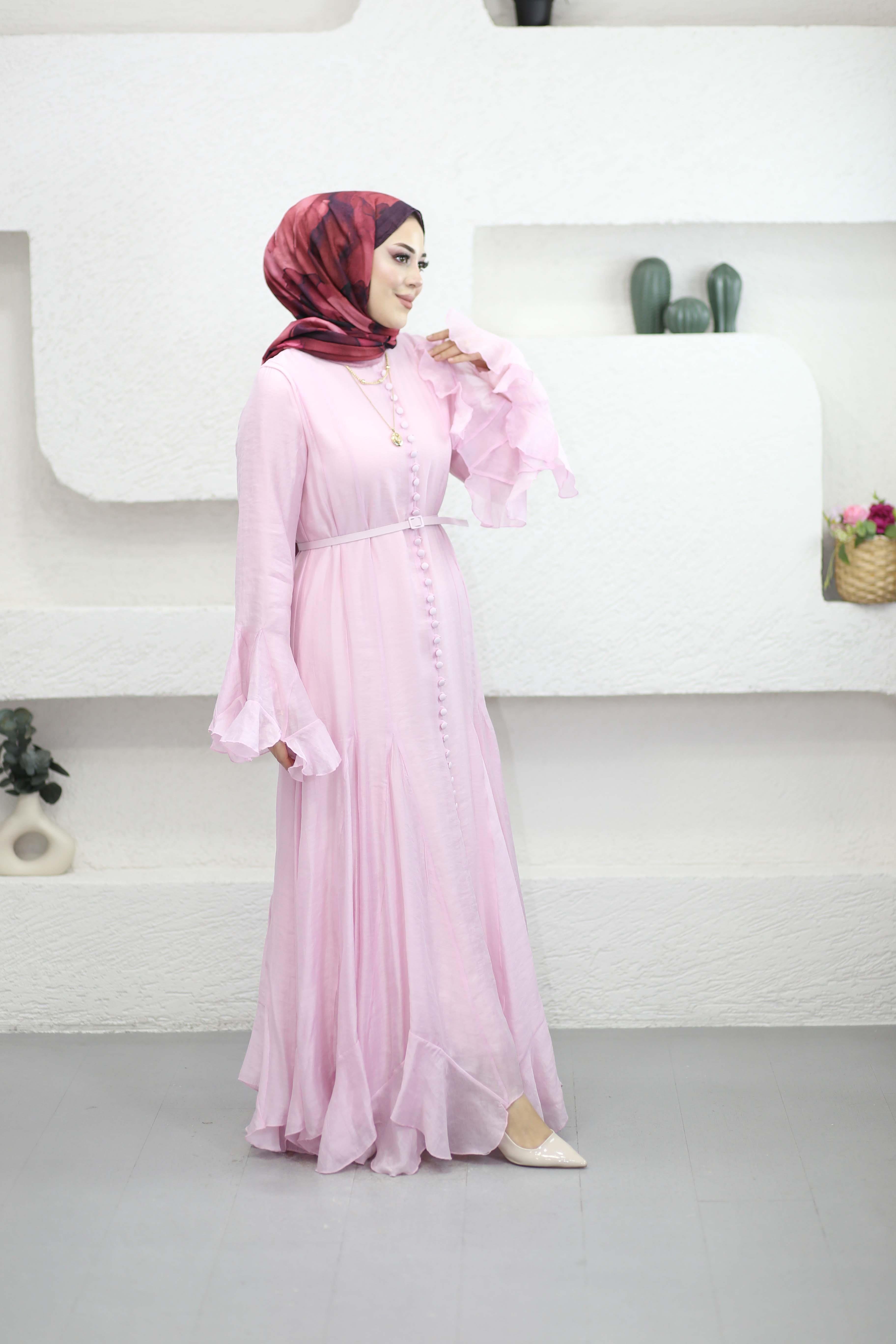 Volan Detaylı Düğmeli Elbise Pembe 26050