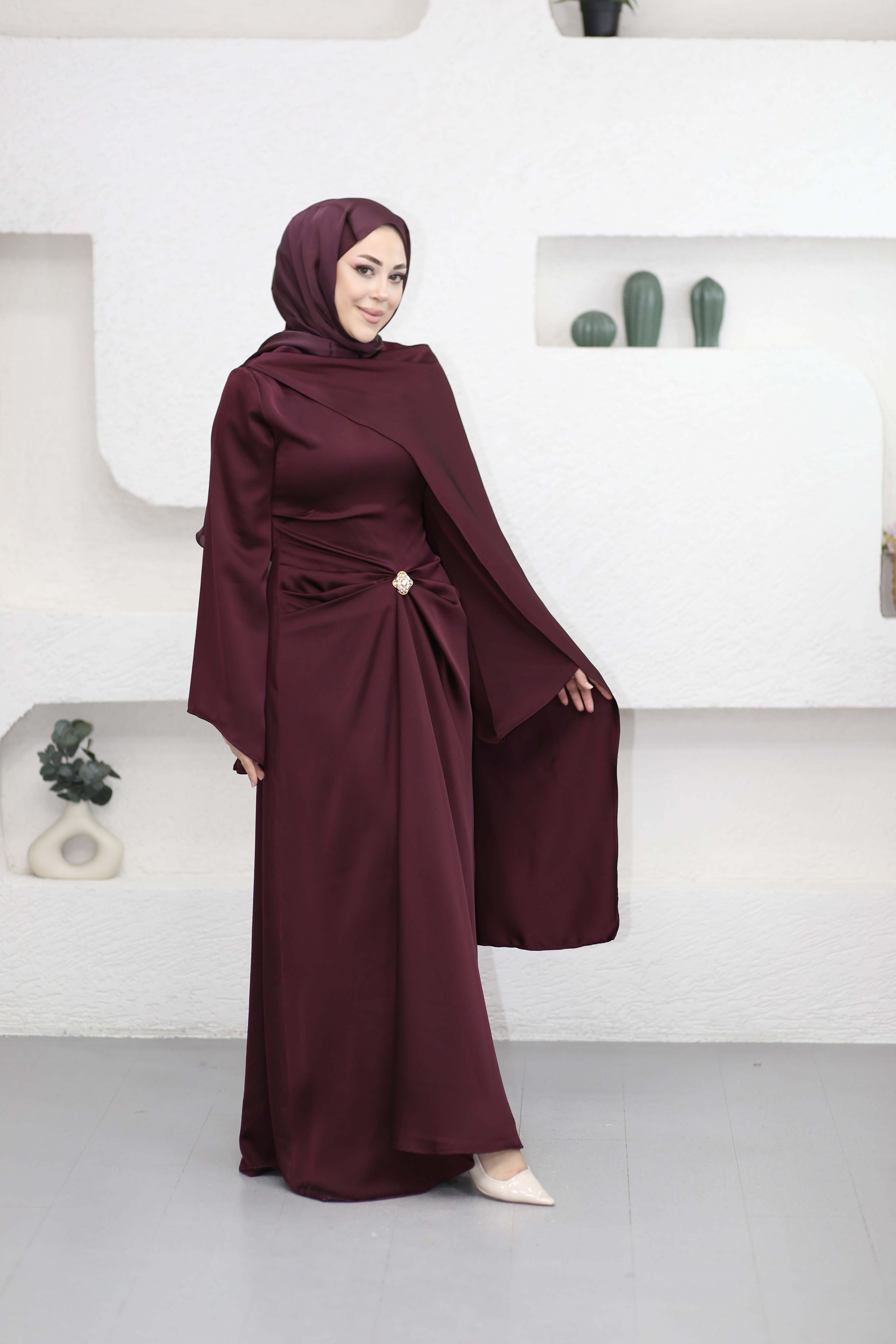 İsalle Broşlu Elbise Bordo 6841