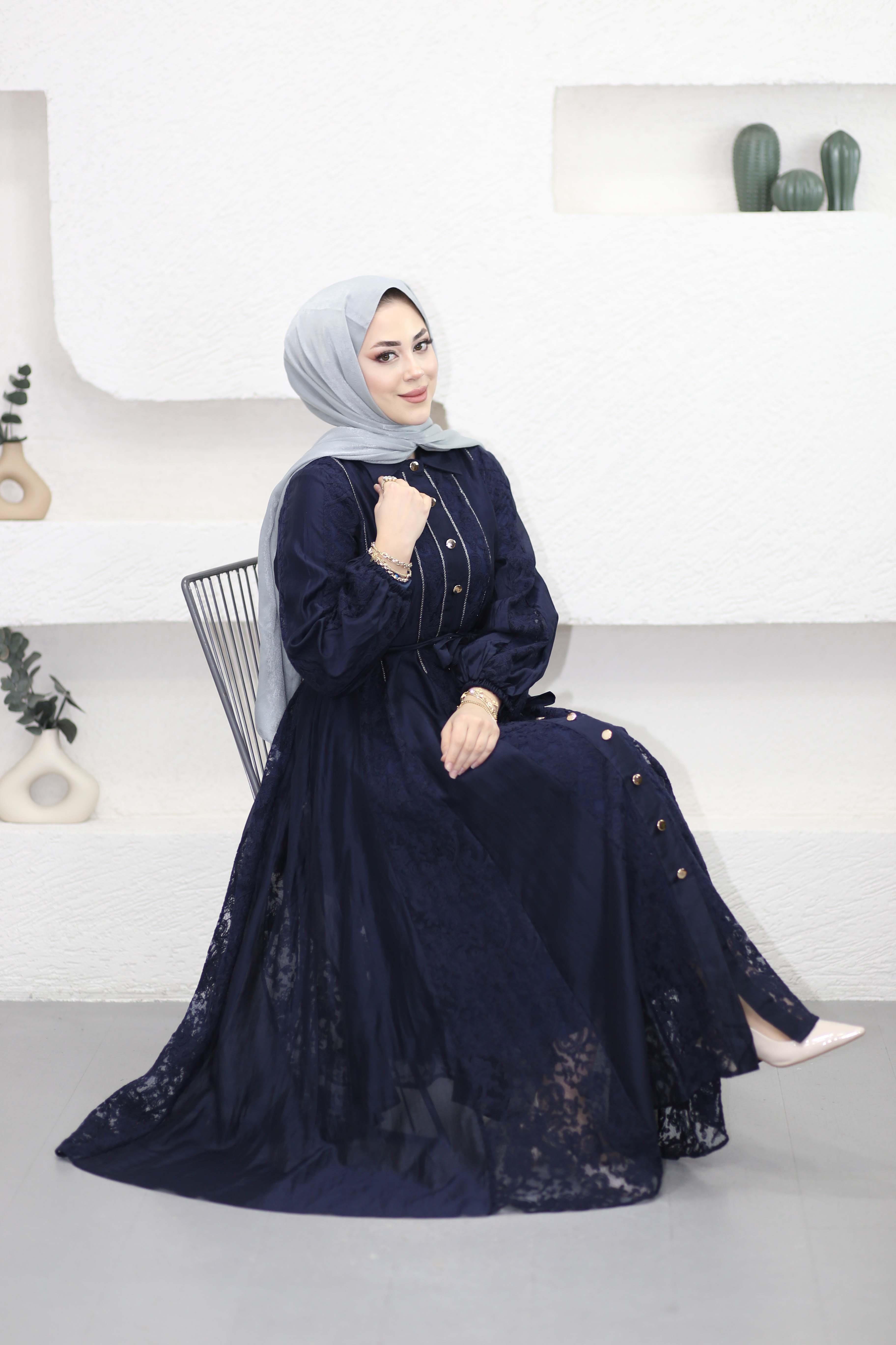 Dantelli Kuşaklı Elbise Lacivert 2210