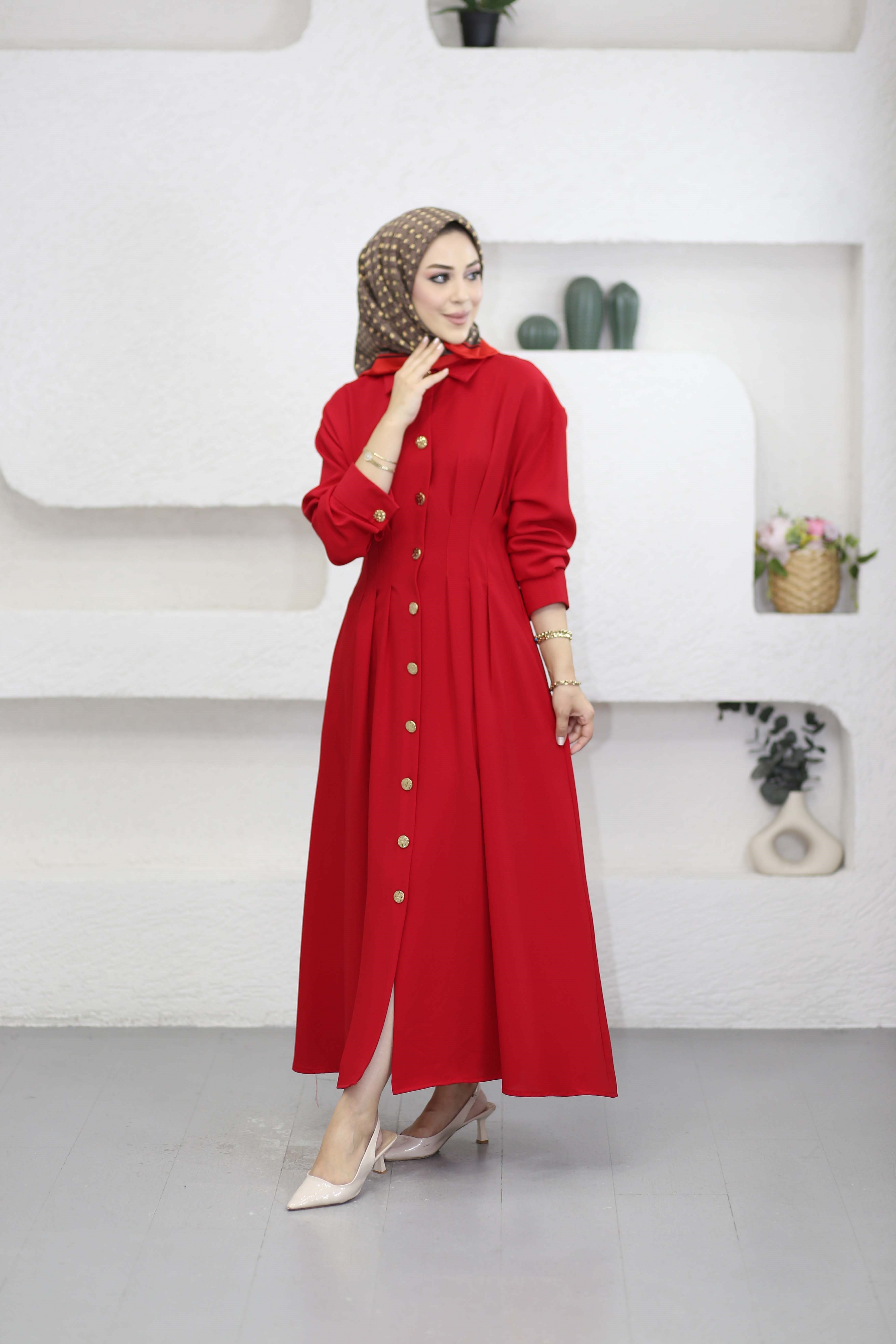 Bel Detaylı Ön Düğmeli Tencel Elbise Kırmızı 5509