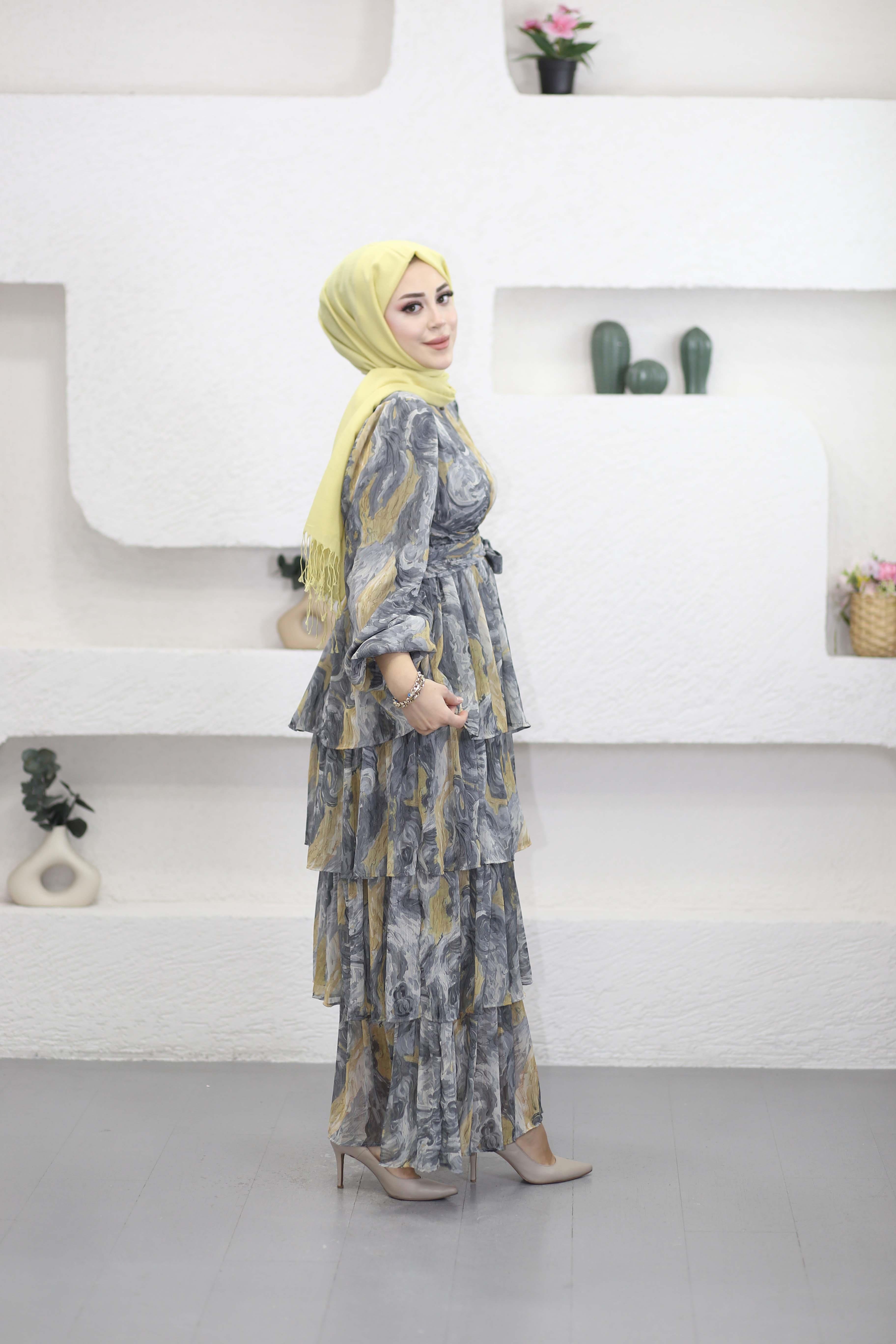 Kuşak Detaylı Kat Elbise Sarı 2286