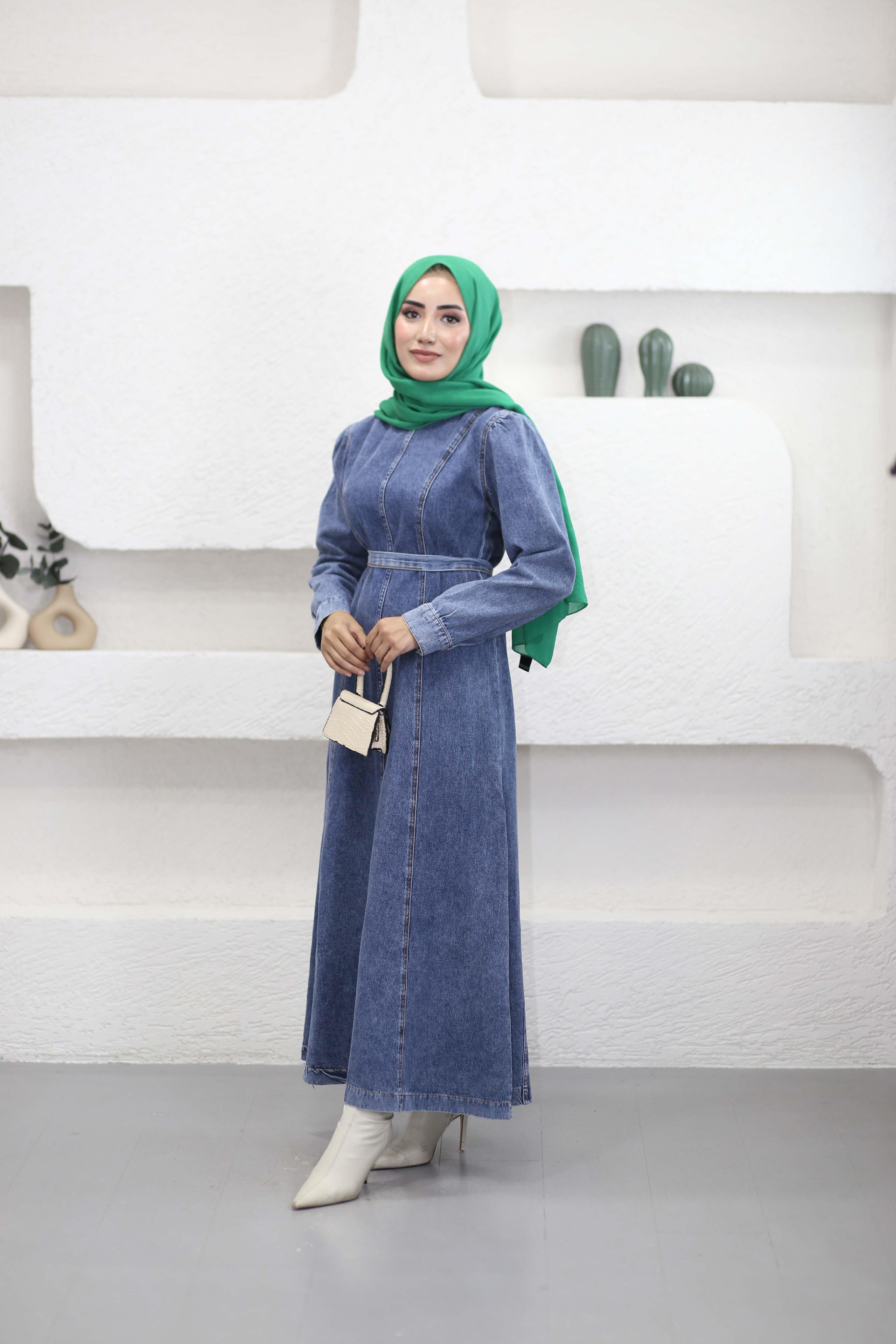 Dikiş Detaylı Denim Elbise Açık Mavi 91010
