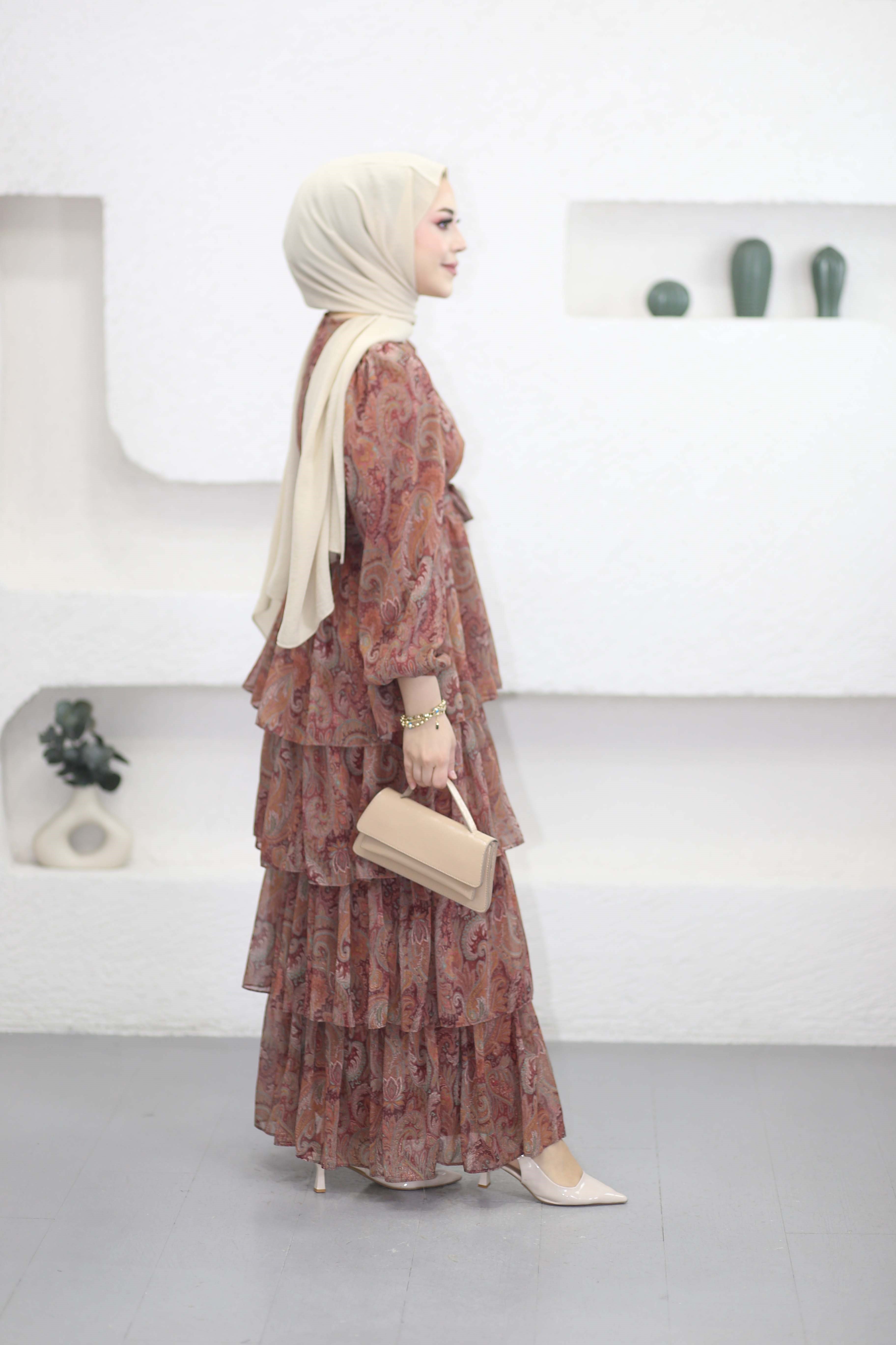 Etnik Desen Katlı Elbise Kiremit 012