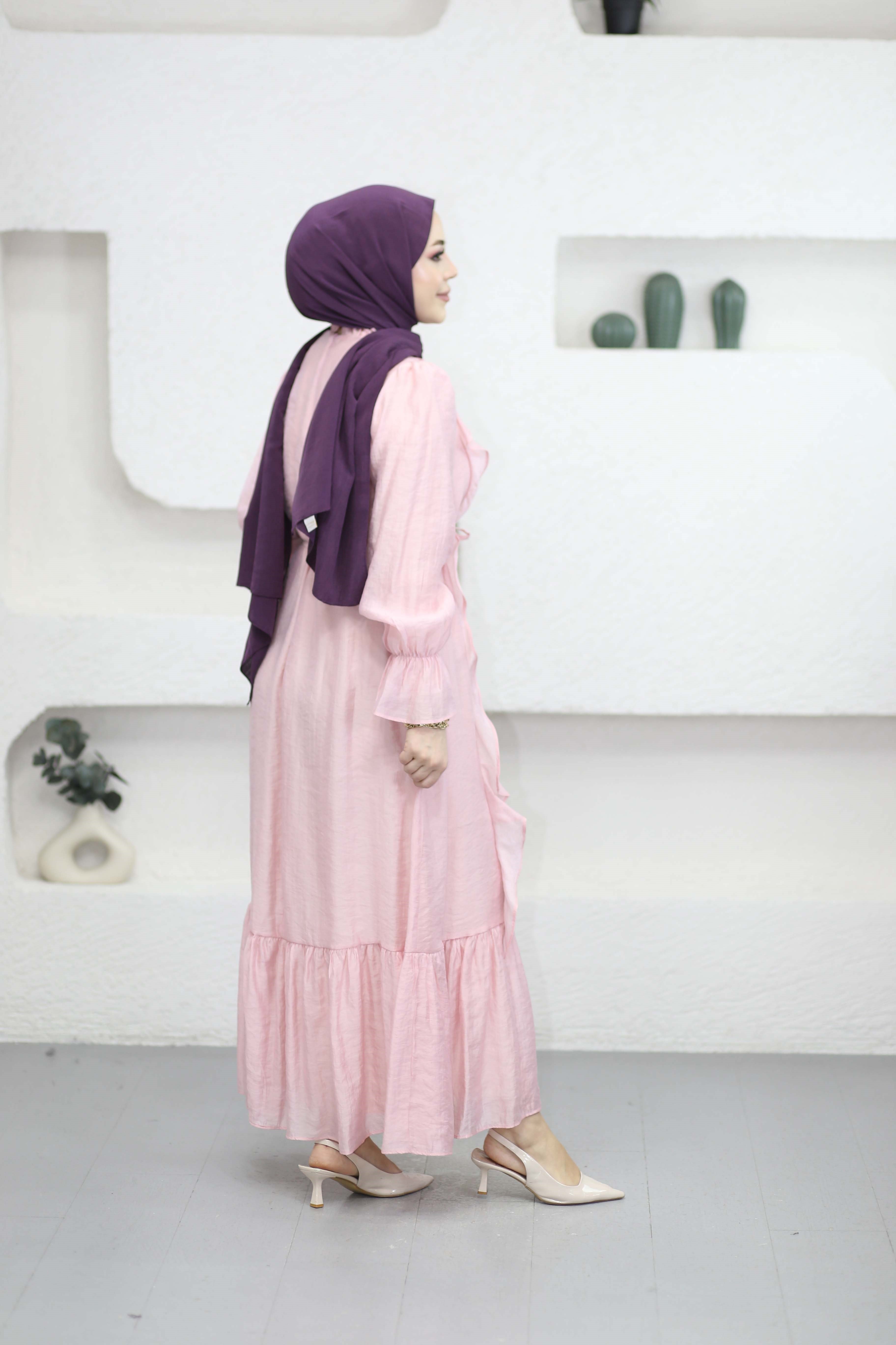 Yan Fırfırlı Elbise Pembe 1645