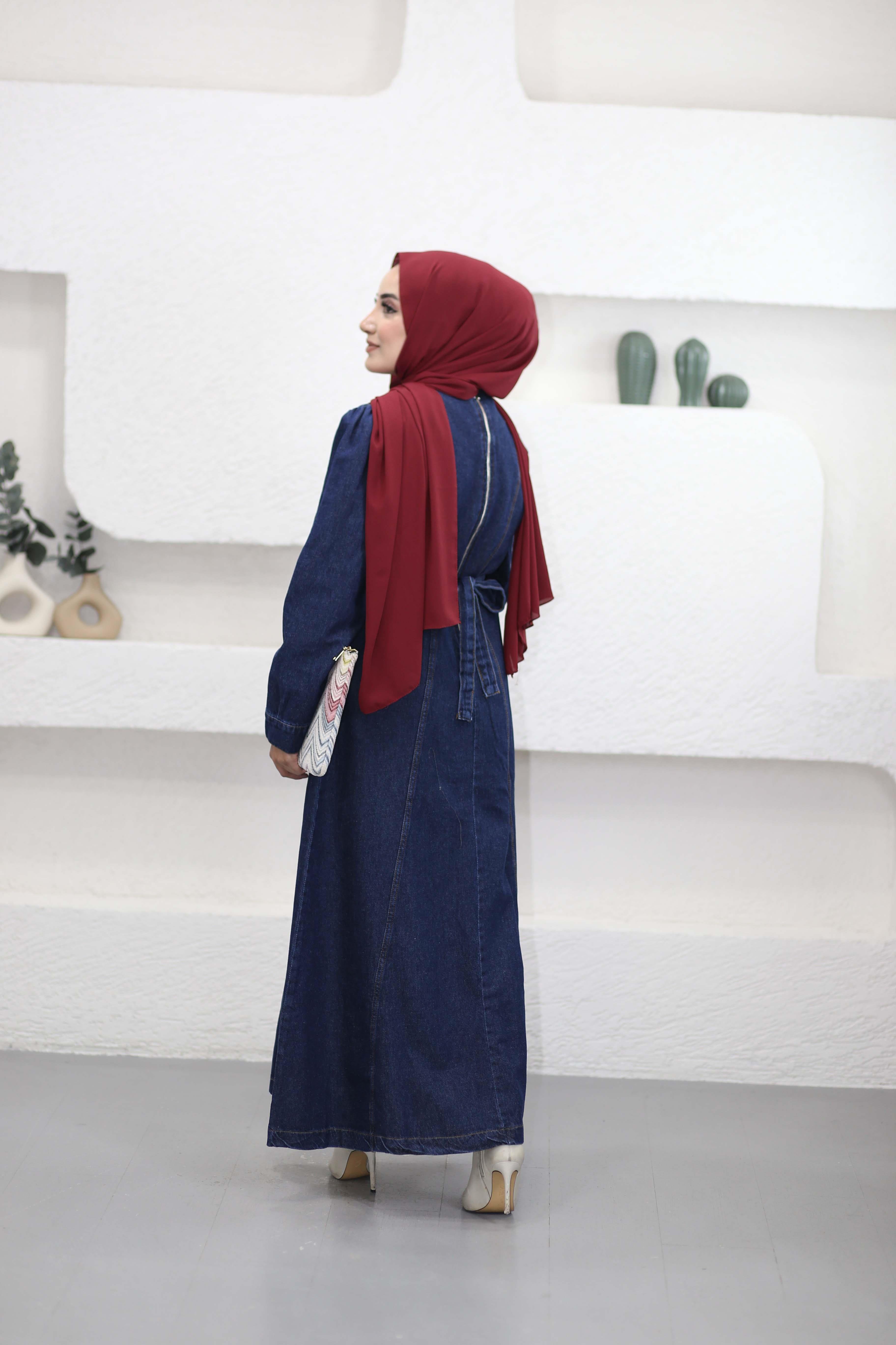 Dikiş Detaylı Denim Elbise Koyu Mavi 91010