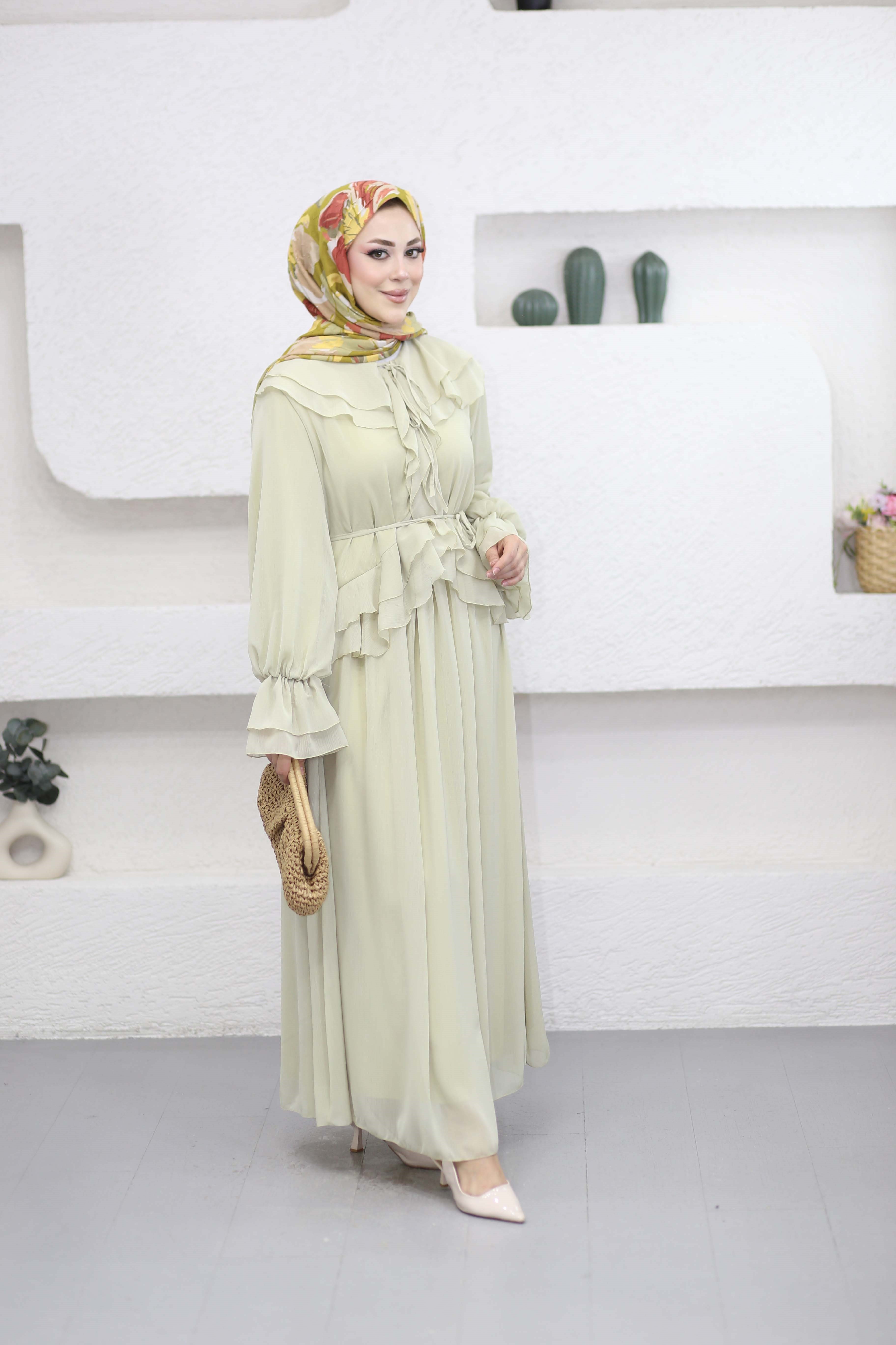 Volanlı Şifon Elbise Çağla Yeşili 8519