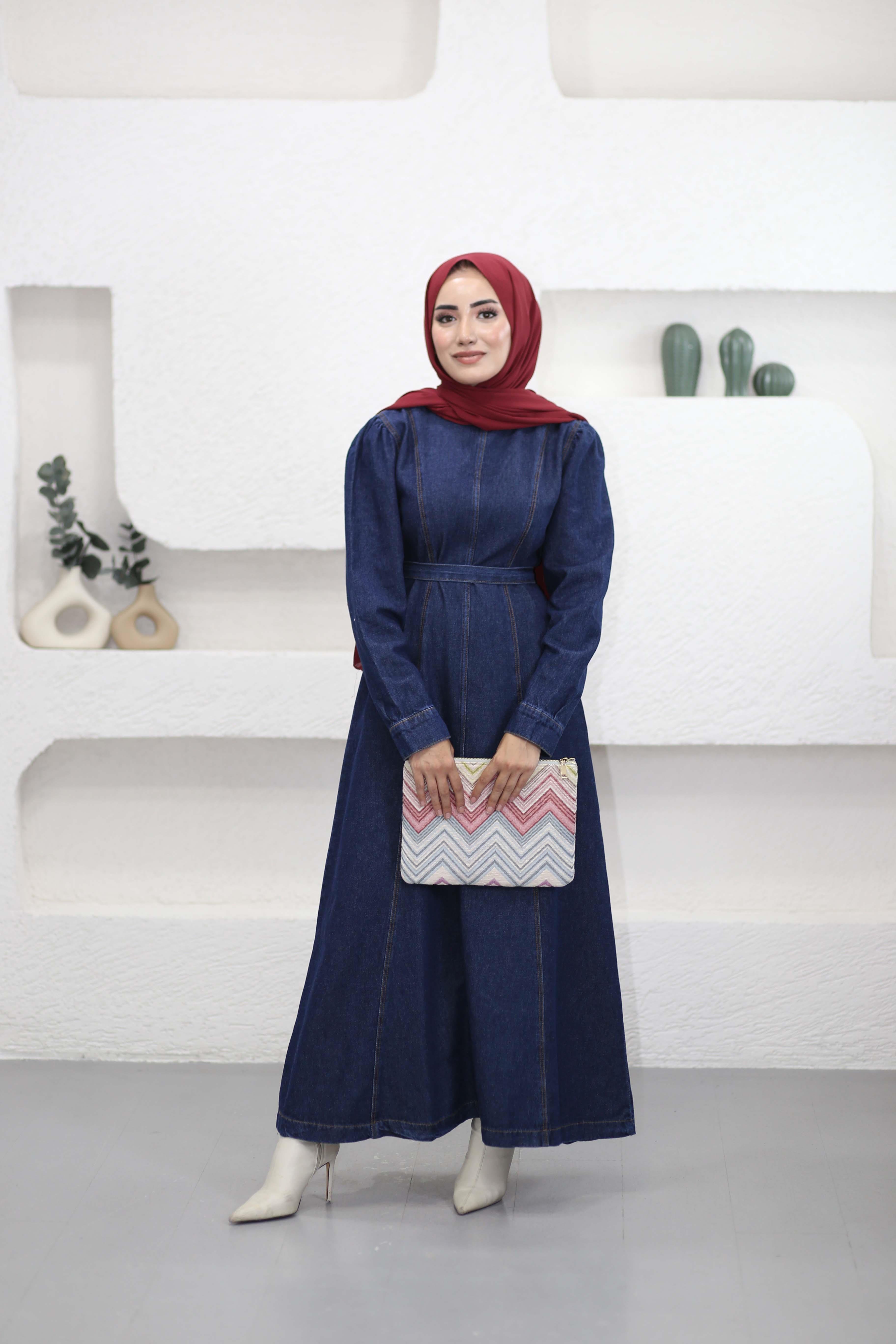 Dikiş Detaylı Denim Elbise Koyu Mavi 91010
