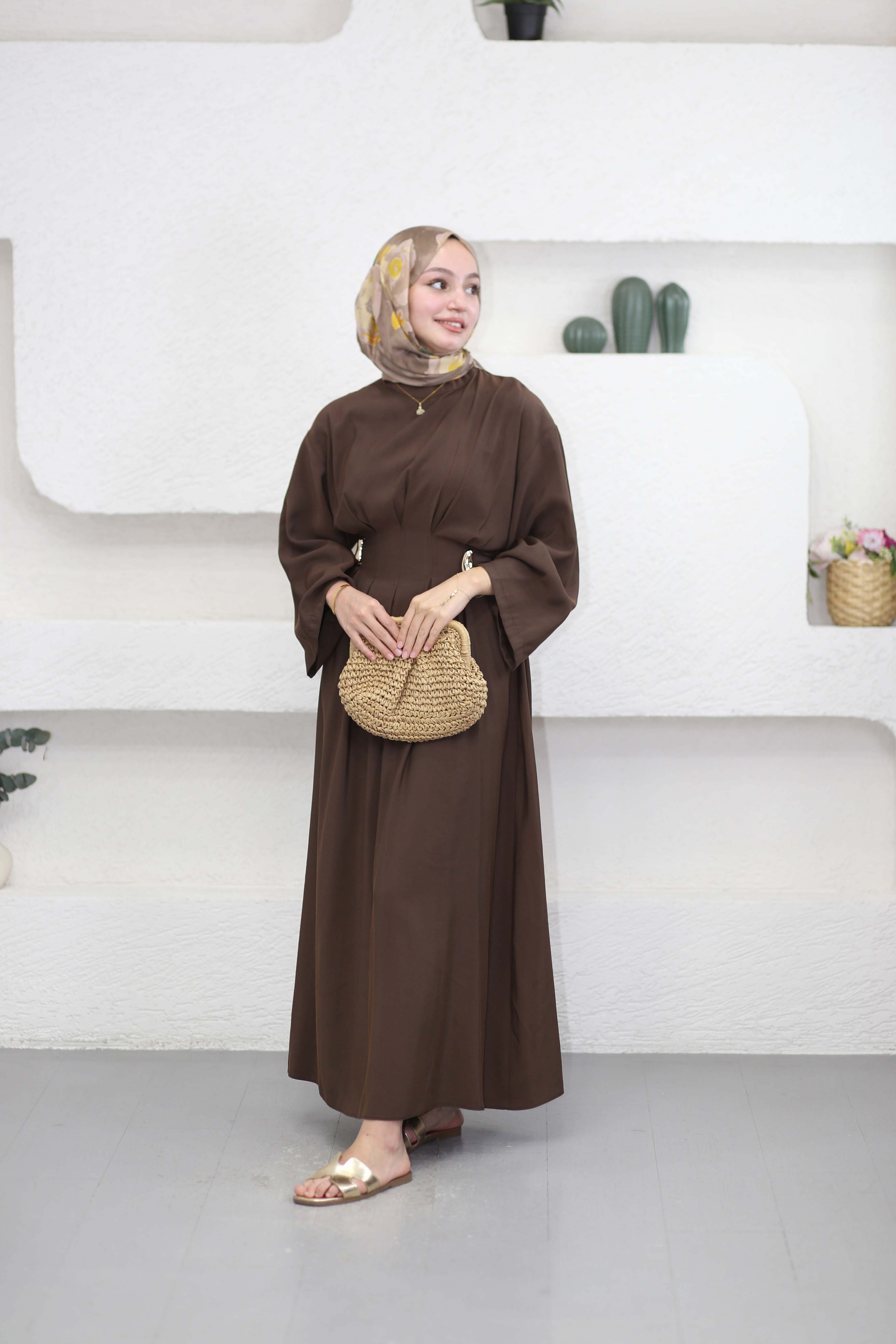 Beli Toka Pensli Elbise Kahverengi 5526