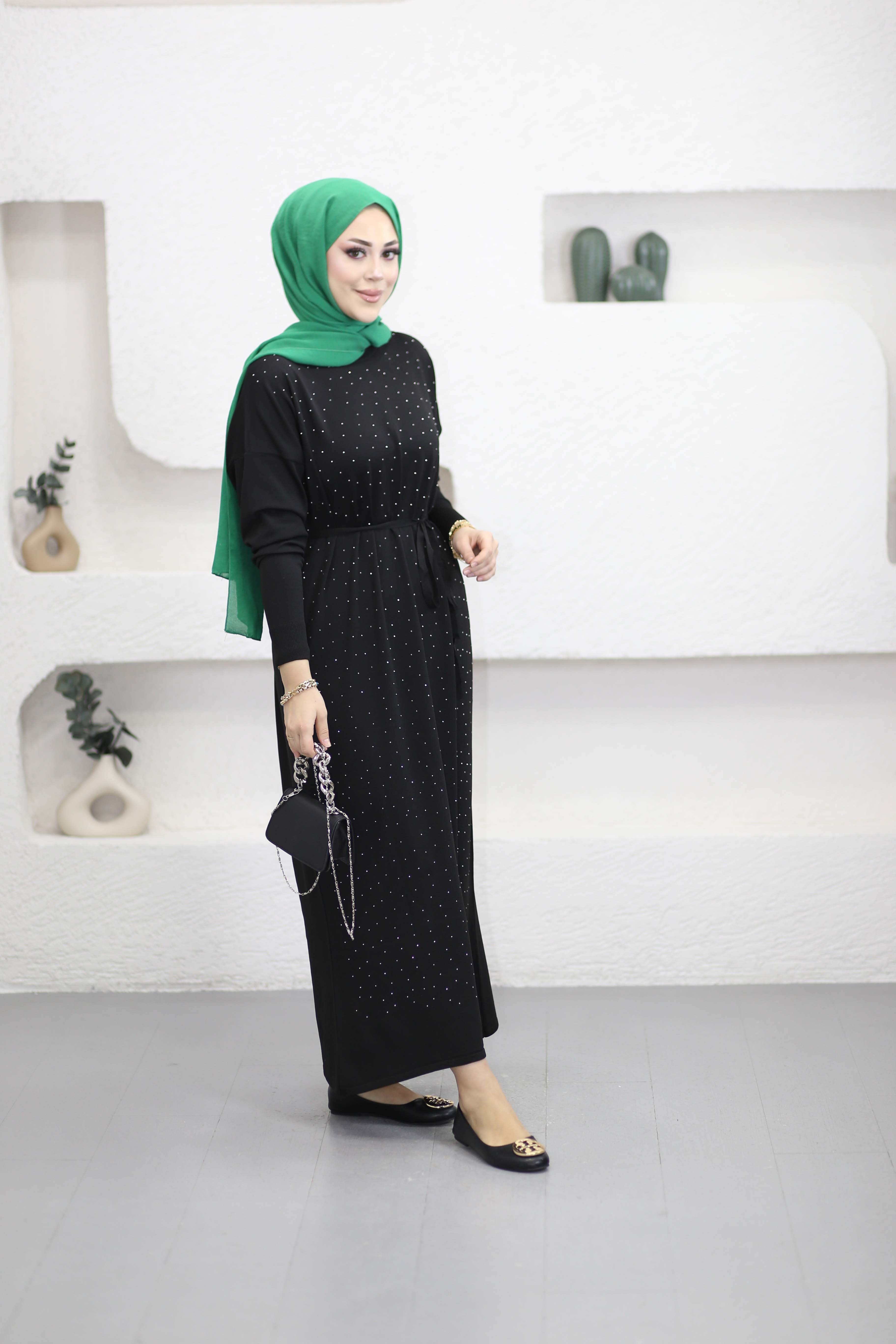 Taşlı Merserize Elbise Siyah 25270