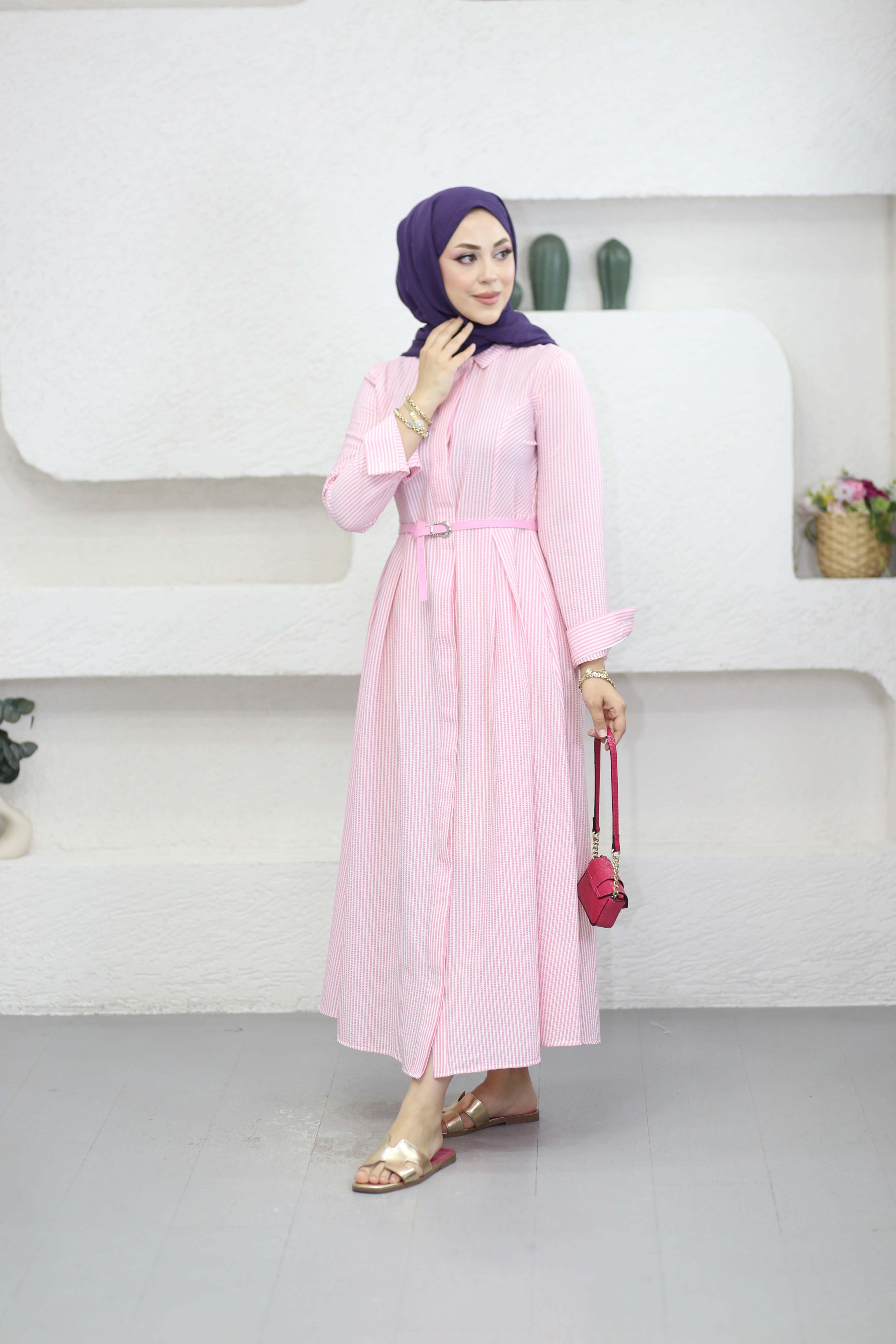 İnce Kemerli Çizgili Elbise Pembe 7595