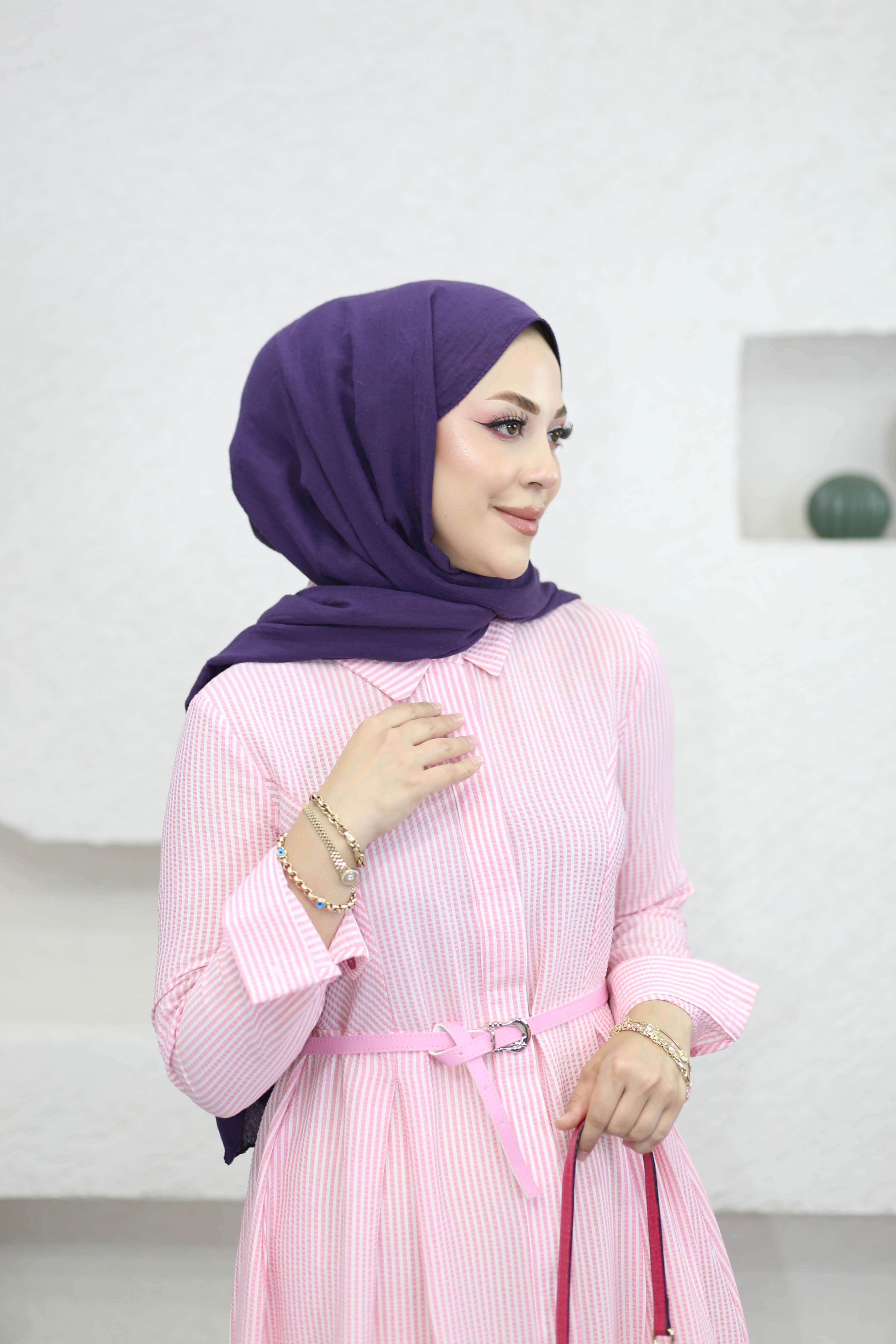 İnce Kemerli Çizgili Elbise Pembe 7595