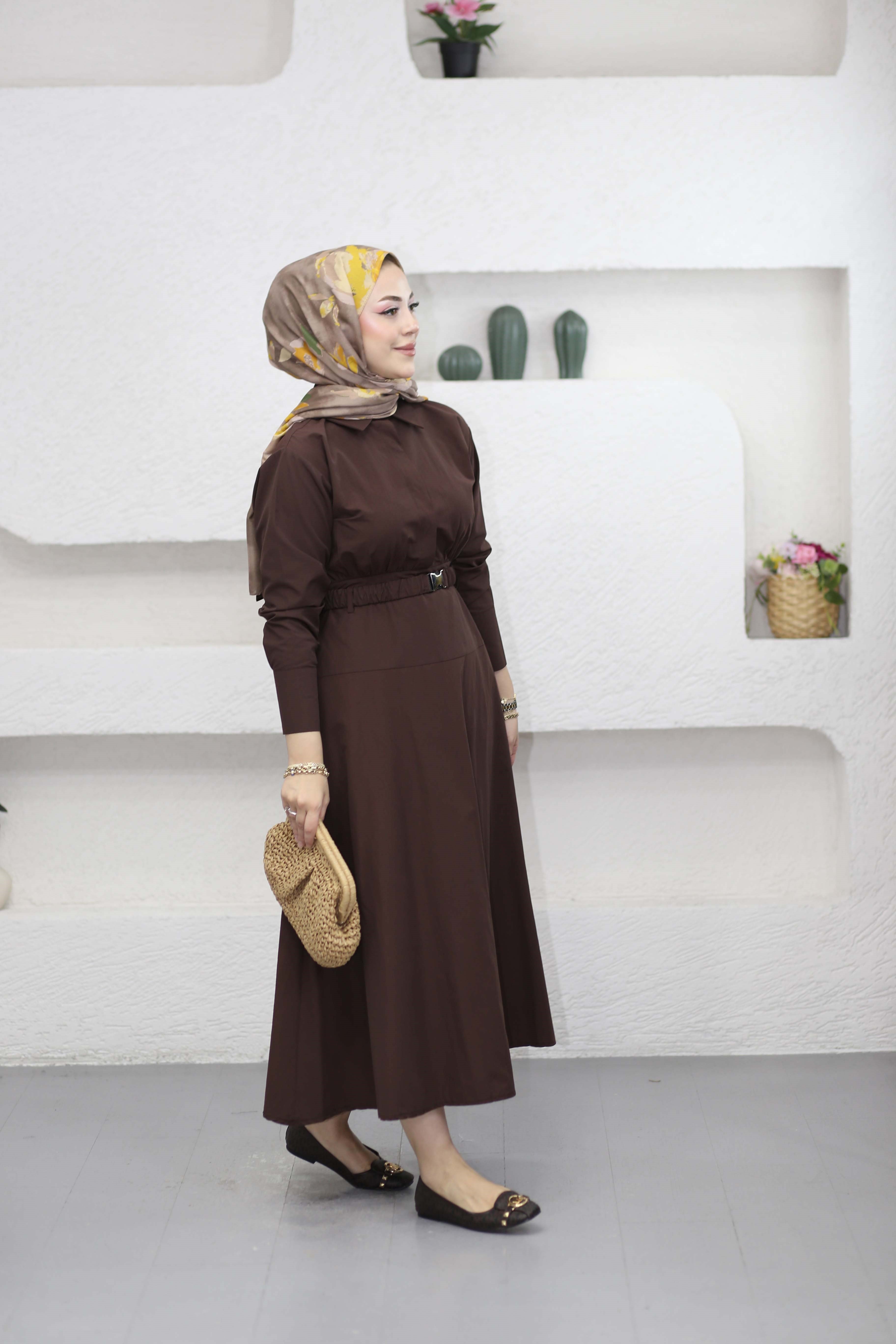Lastik Kemerli Elbise Kahverengi 5516
