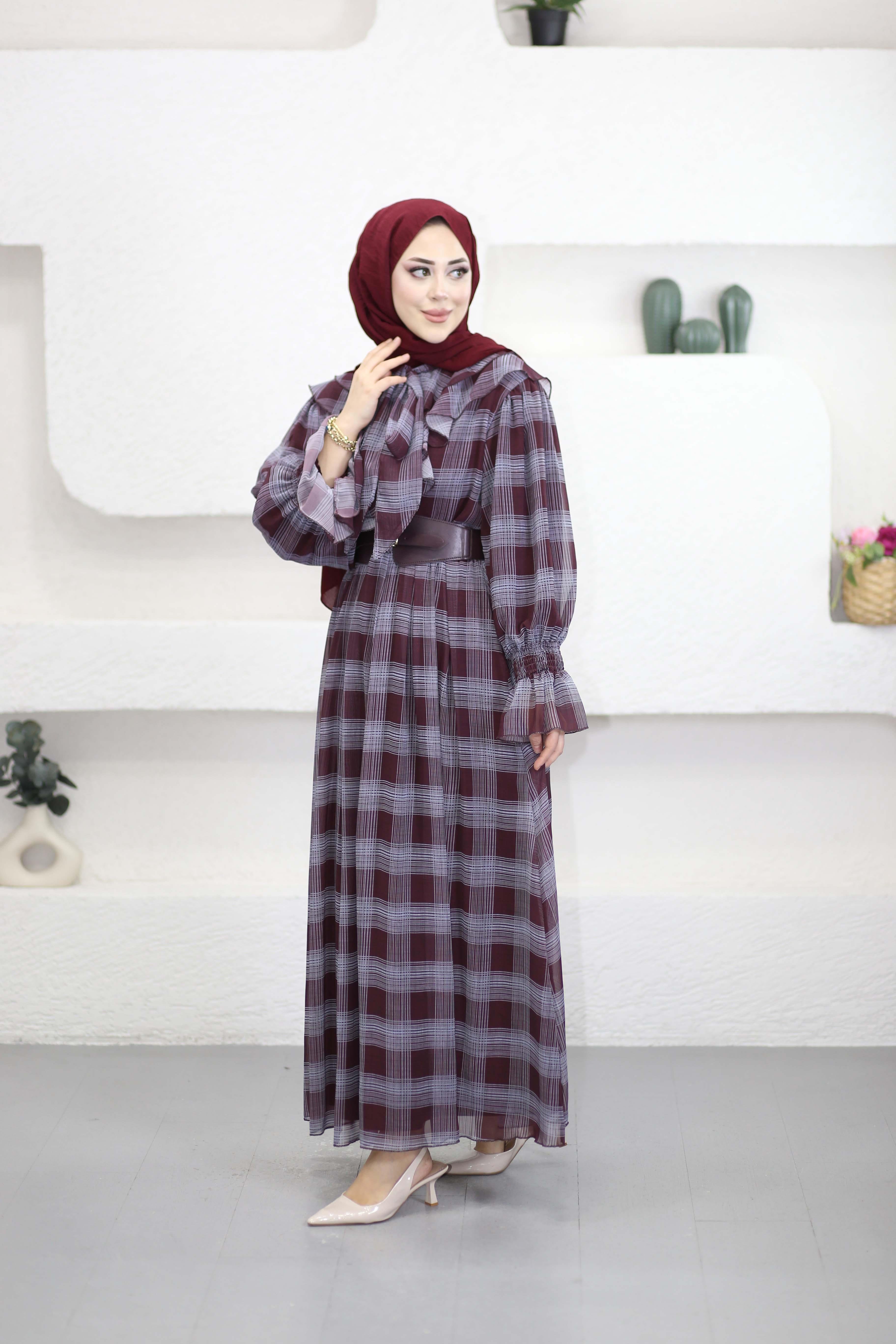 Yaka Volanlı Ekose Şifon Elbsie Bordo 8256
