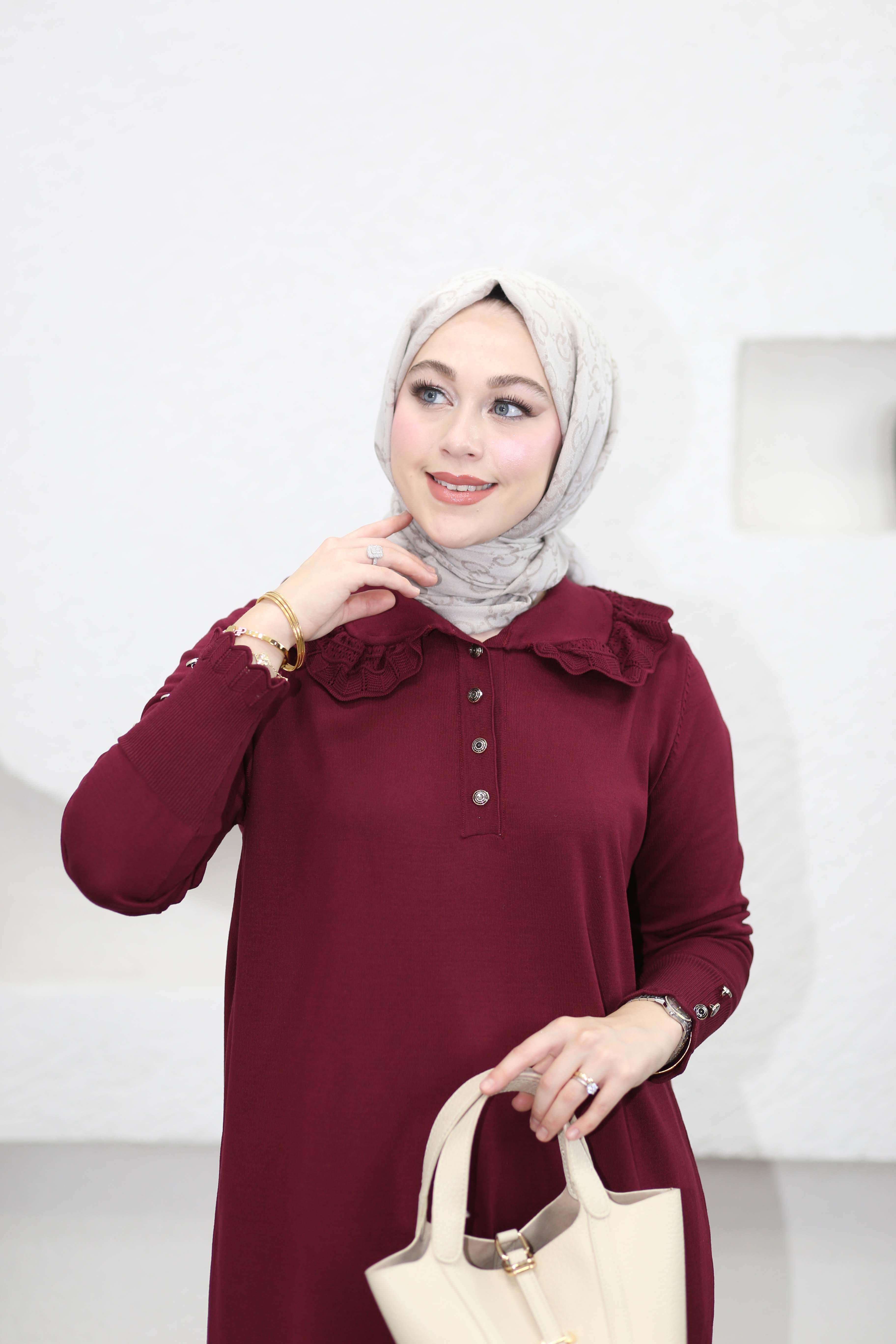 Yakası Dantelli Elbise Bordo 261